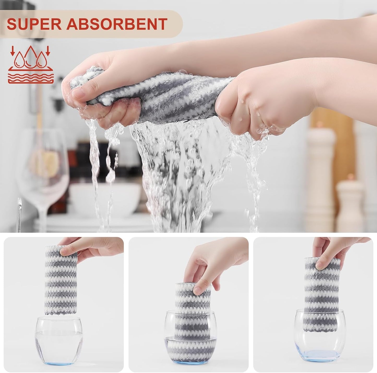 Homaxy 18 Pack Kitchen Dish Cloths, Ultra Soft and Absorbent Dish Towels, Reusable Fast Drying Microfiber Cleaning Cloth, Coral Velvet Wave Design No-lint,10 x 10 inches, Grey