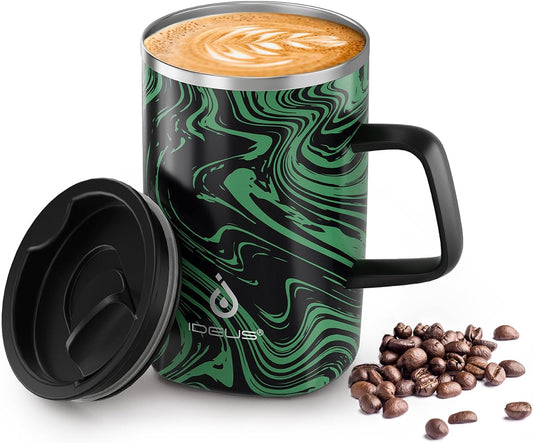 Ideus Vacuum Insulated Coffee Mug, 16oz Reusable Stainless Steel Thermal Double Walled cup with Handle and Slider Lid for Hot & Cold Beverages, BPA Free (Green Zebra)