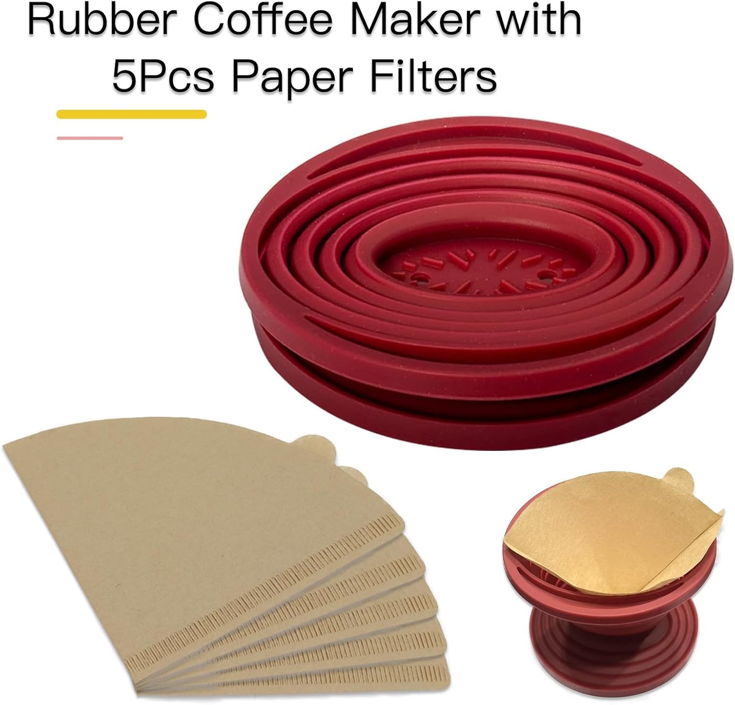 Collapsible Coffee Maker Filter, Reusable Coffee Dripper, Rubber Coffee Maker with 5Pcs Paper Filters, for Home, Camping, Travel, Office