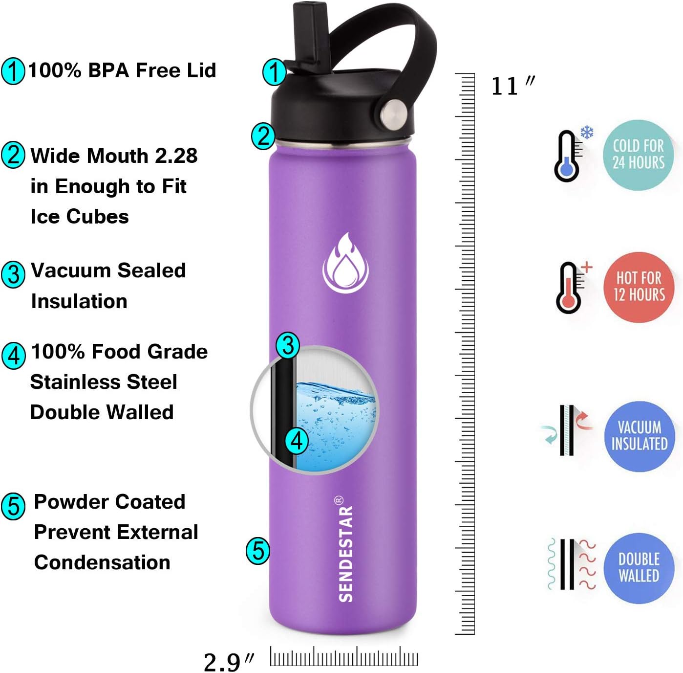 SENDESTAR Stainless Steel Water Bottle, Wide Mouth Water Bottle 24 oz with Straw Lid, Spout Lid, Double Wall Vacuum Insulated Leak Proof, Keeps Liquids Hot or Cold (Violet)