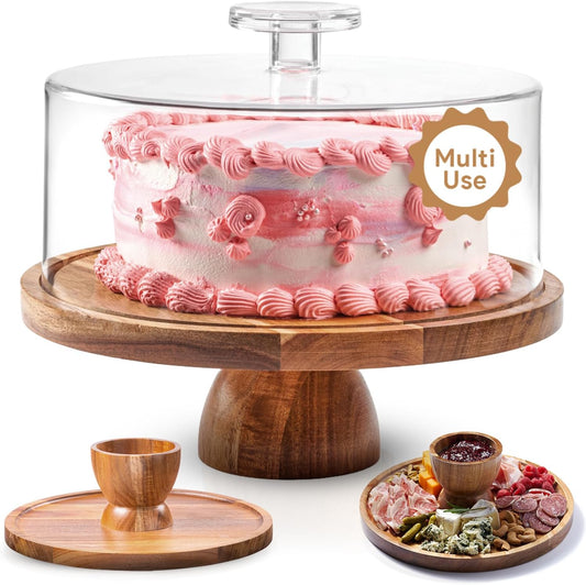 Acacia Wood Cake Stand with Lid - Multifunctional 12 In Round Cake Holder, Dessert Table Display Set & Charcuterie Board for Cheese, Chips, Fruit Platter, Acrylic Cake Dome Cover, No Glass