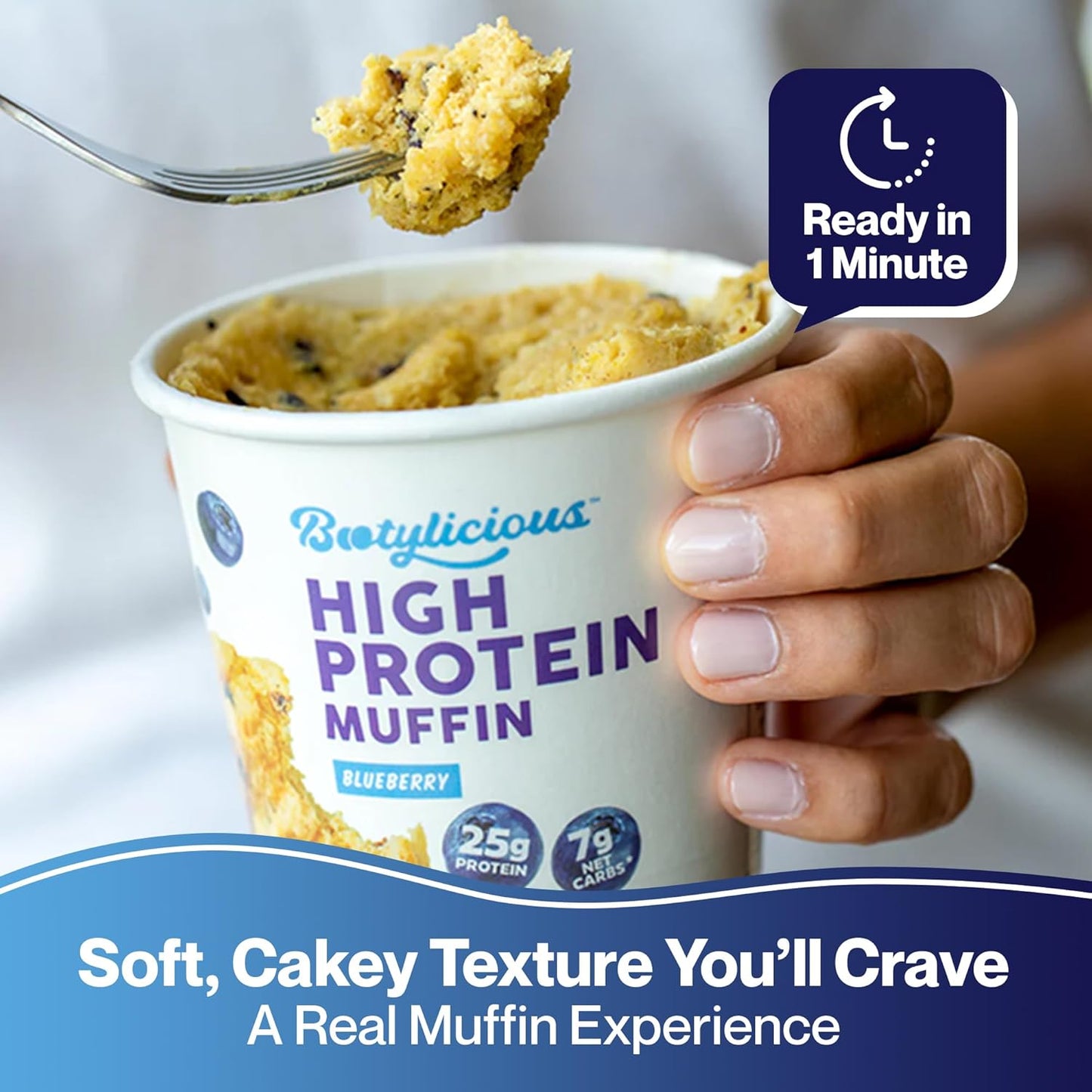 Bootylicious | High-Protein Muffin | 25g Protein, 7g Net Carbs, 2.32-2.75oz Cup, 12-Pack (Blueberry)