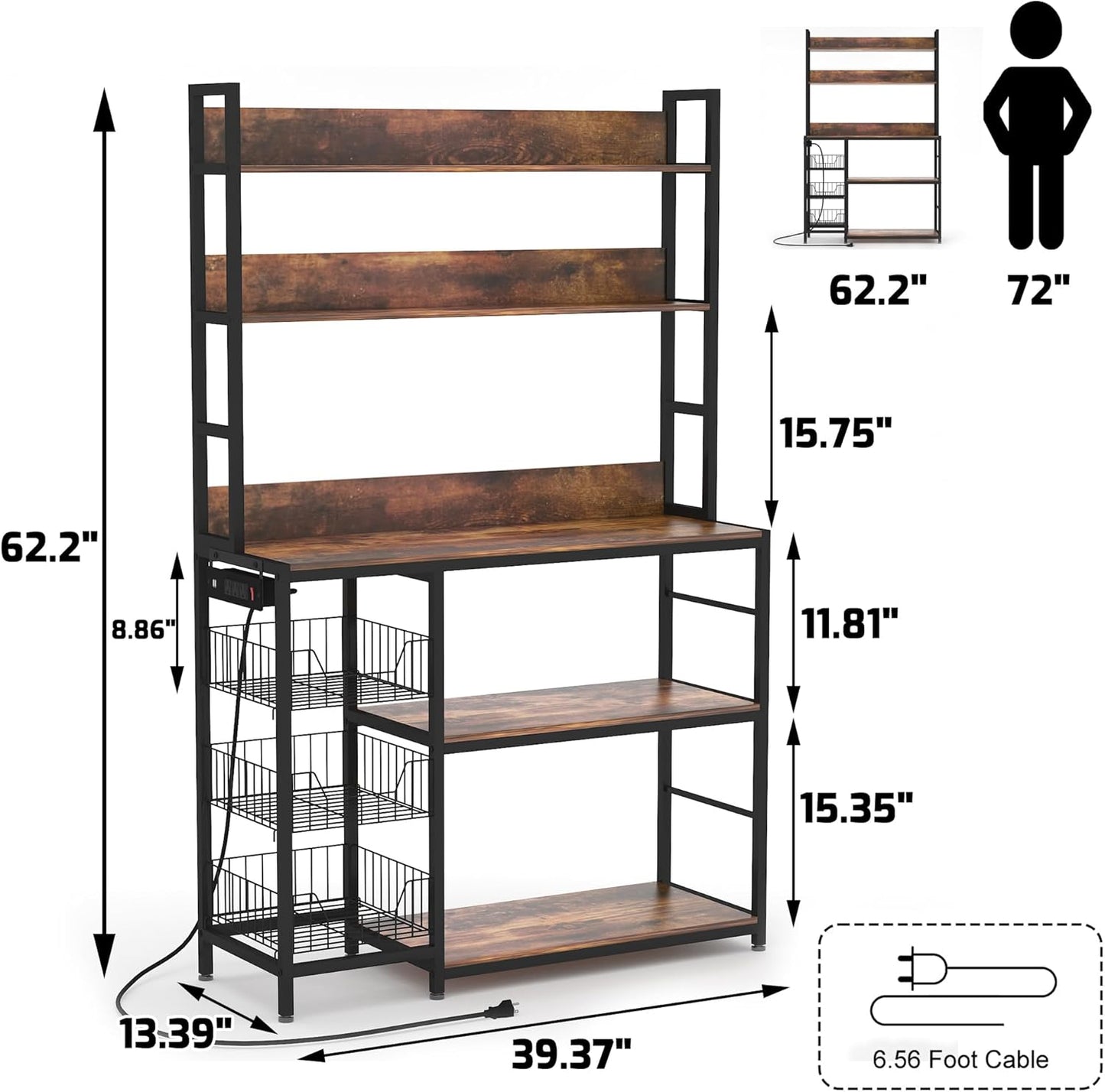 Bakers Rack with Baskets and Power Outlet, 5-Tier Kitchen Utility Storage Shelf with Hooks, Microwave Oven Stand Rack, Vintage Brown Free Standing Kitchen Shelf