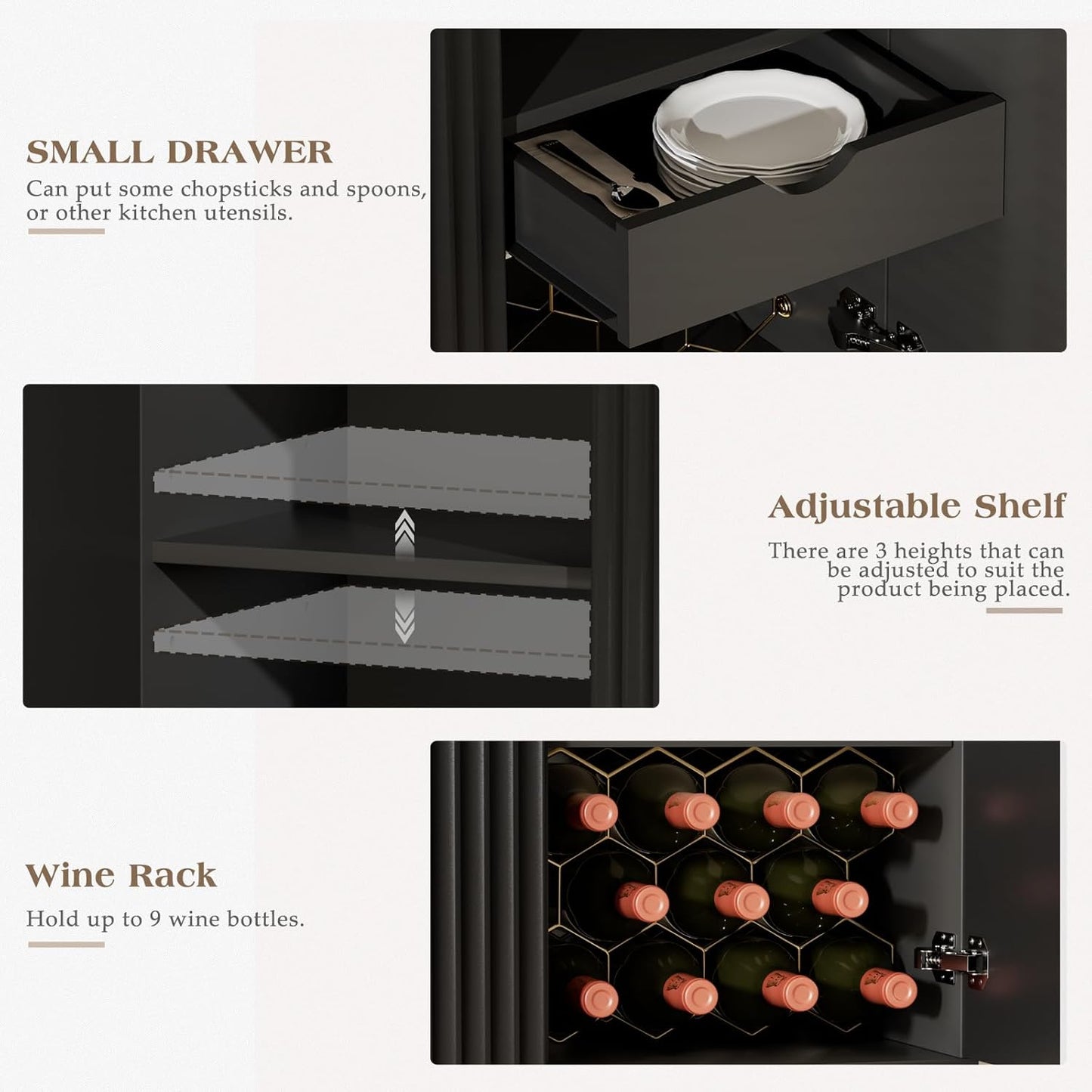 EOYUTLLY Coffee Bar Cabinet with Wine Rack & Glass Holder, Liquor Cabinet with Fluted Doors, Modern Sideboard Buffet Cabinet with Drawer Storage for Living Room Kitchen, Black