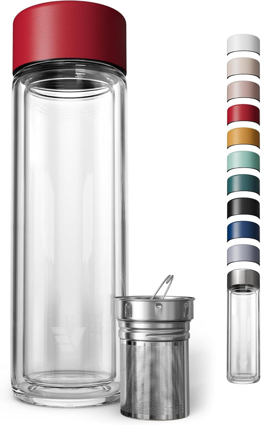Glass Multi Tea Infuser Bottle 14oz - Double Wall Borosilicate Glass Flask | No Plastic Touches Contents | Perfect for Office or Home - Red