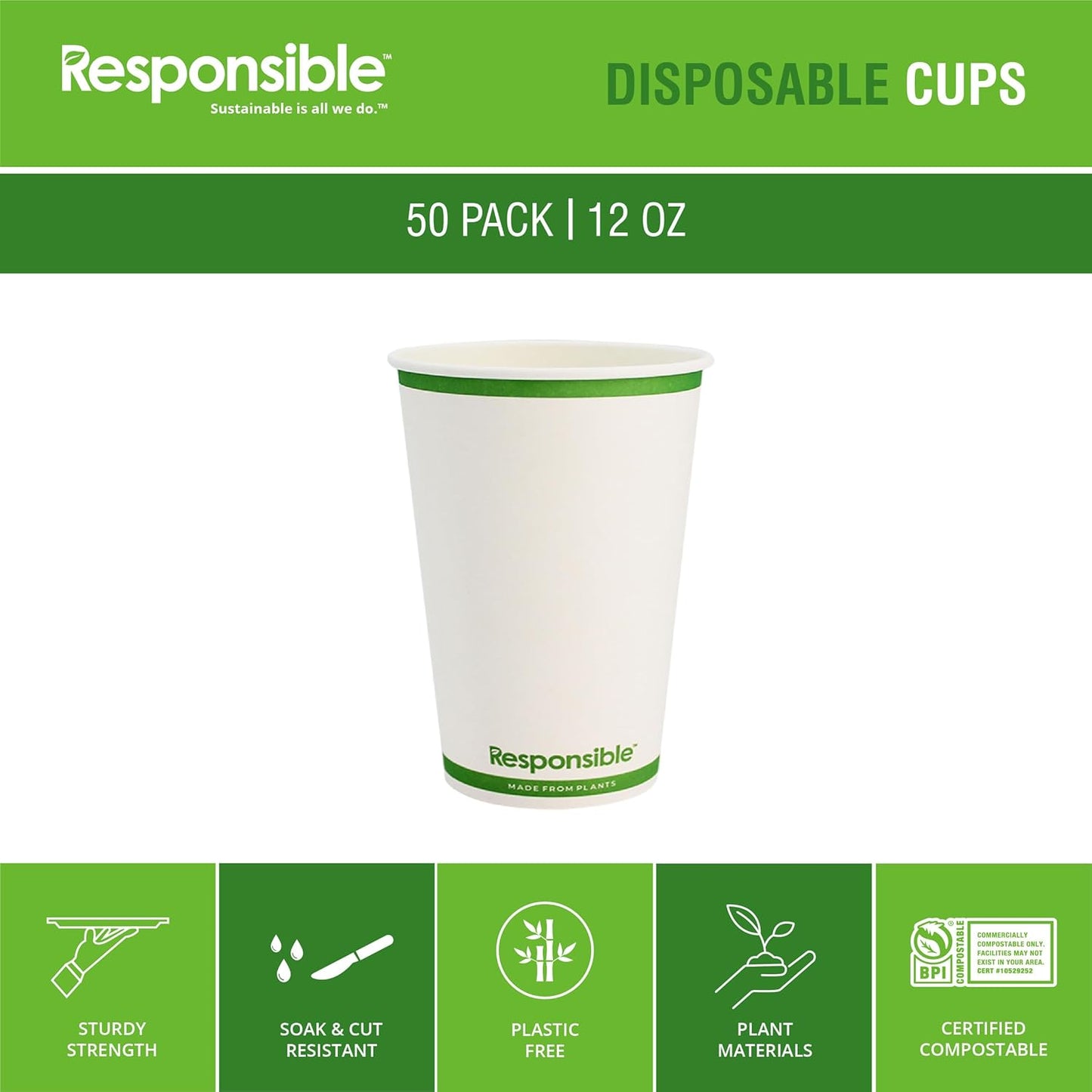 Certified Compostable 12 oz Paper Cups, Cold ＆ Hot Coffee Cups, Disposable Paper Cups, Extra Strength Disposable Cups, Made without PFAS (50 count)