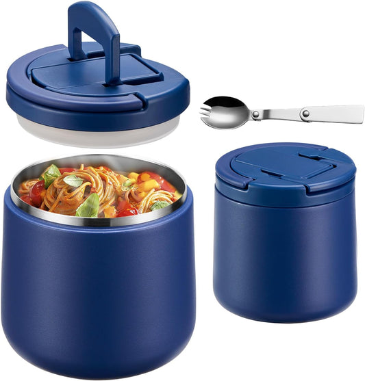 20oz Insulated Vacuum Food Jar with Buckle Lid,Soup Thermo for Hot Food Kids,Wide Mouth Leakproof Stainless Steel Lunch Container with Spoon-Blue
