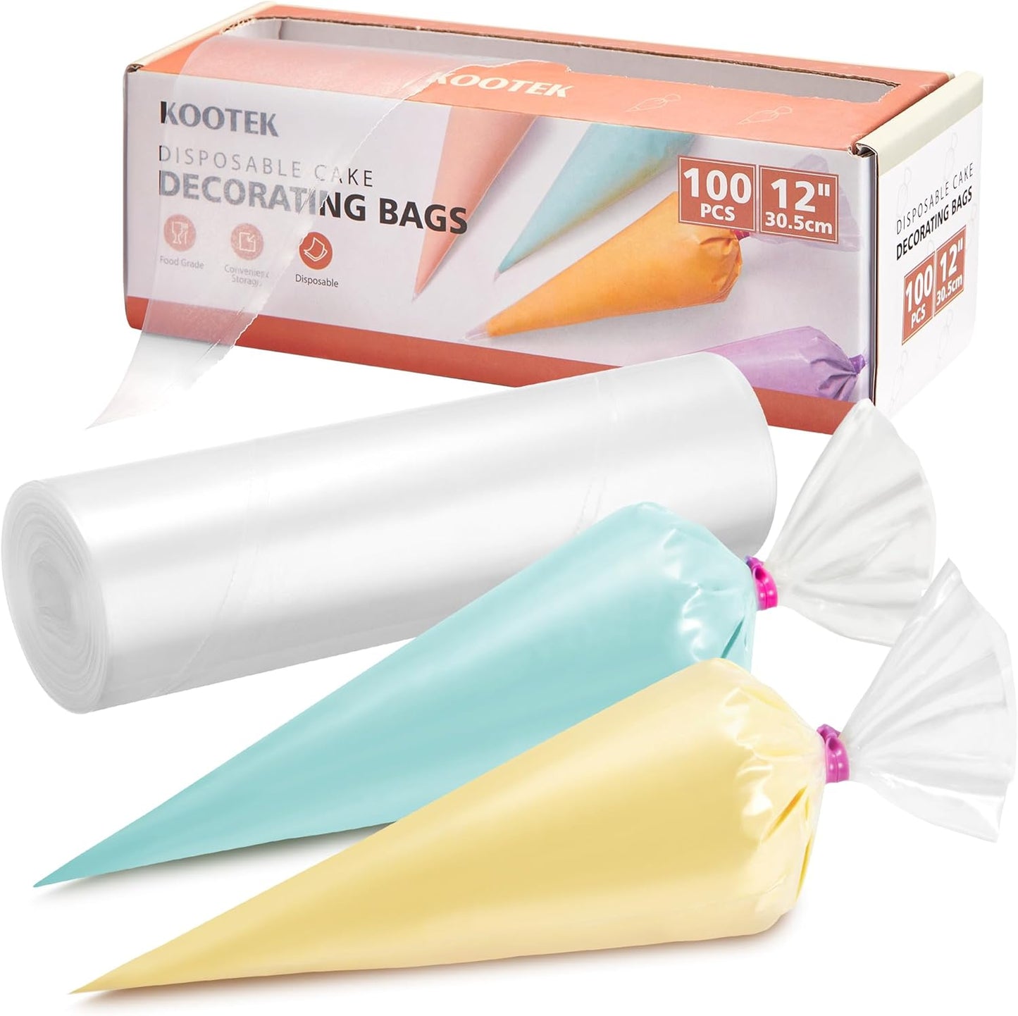 Kootek 12" Piping Bags (100Pcs), Disposable Pastry Bags Anti Burst Icing Frosting Bag Thick Cake Decorating Bags for Cookie, Cupcake, Candy, Baking Supplies Tools