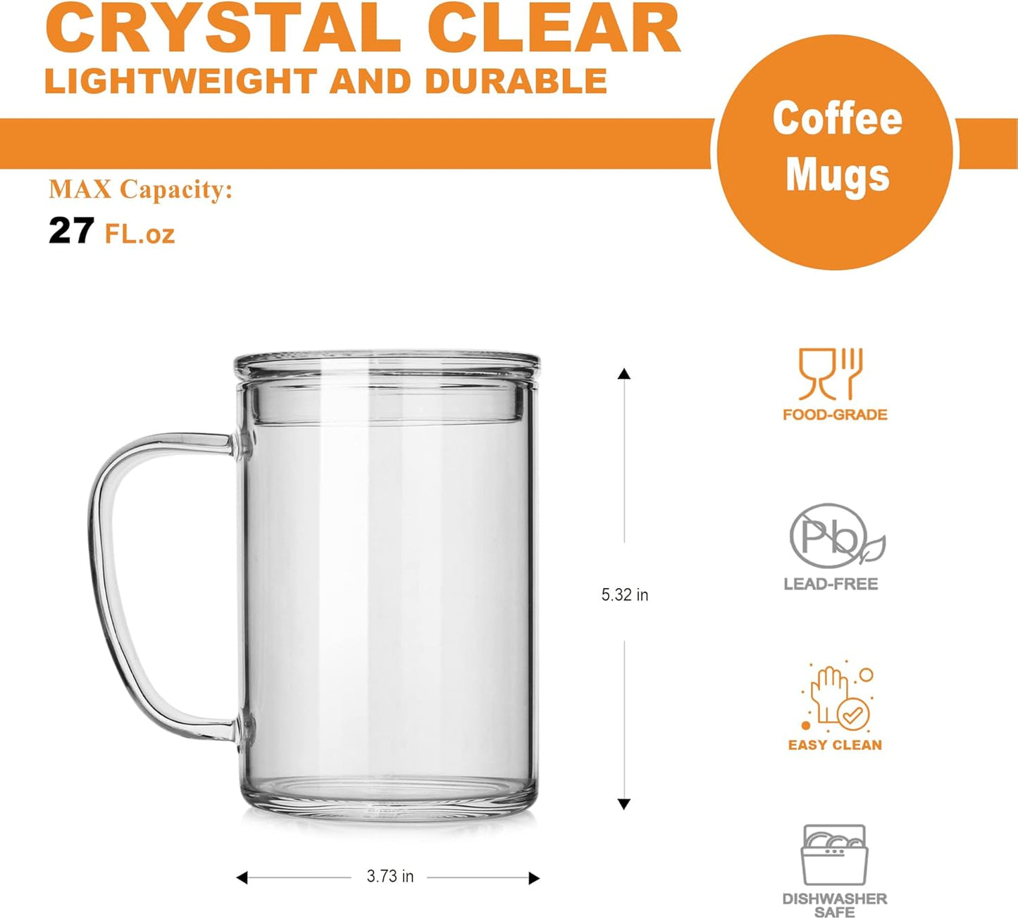 LUXU Glass Coffee Mugs (Set of 2),27oz Large Glass Coffee Cups Clear Glass Tea Cups Overnight Oats Containers with Glass Lid,Cute Coffee Bar Accessories,Iced Coffee Glasses for Latte,Cereal,Yogur