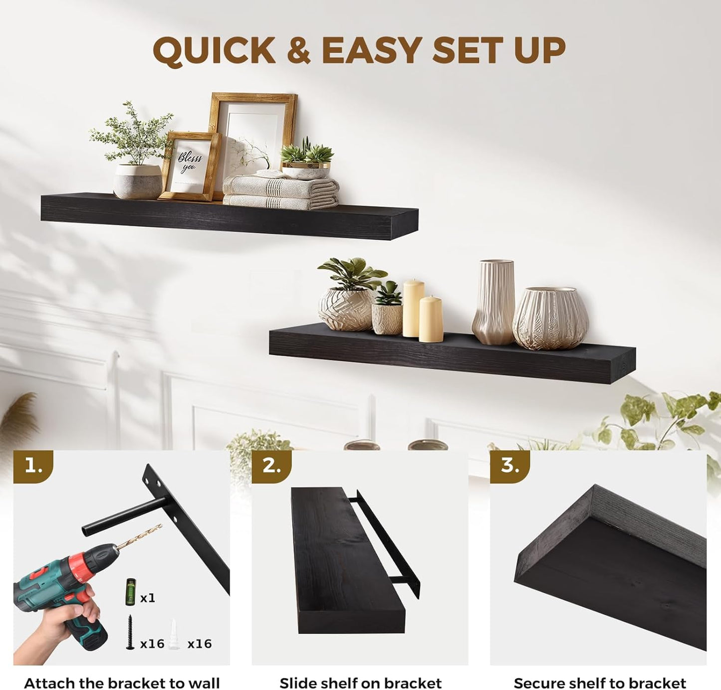 36x8x1.6 inch Floating Shelves Set of 2 – Solid Wood Rustic Black Wall Mounted Shelf for Kitchen, Bathroom, Living Room