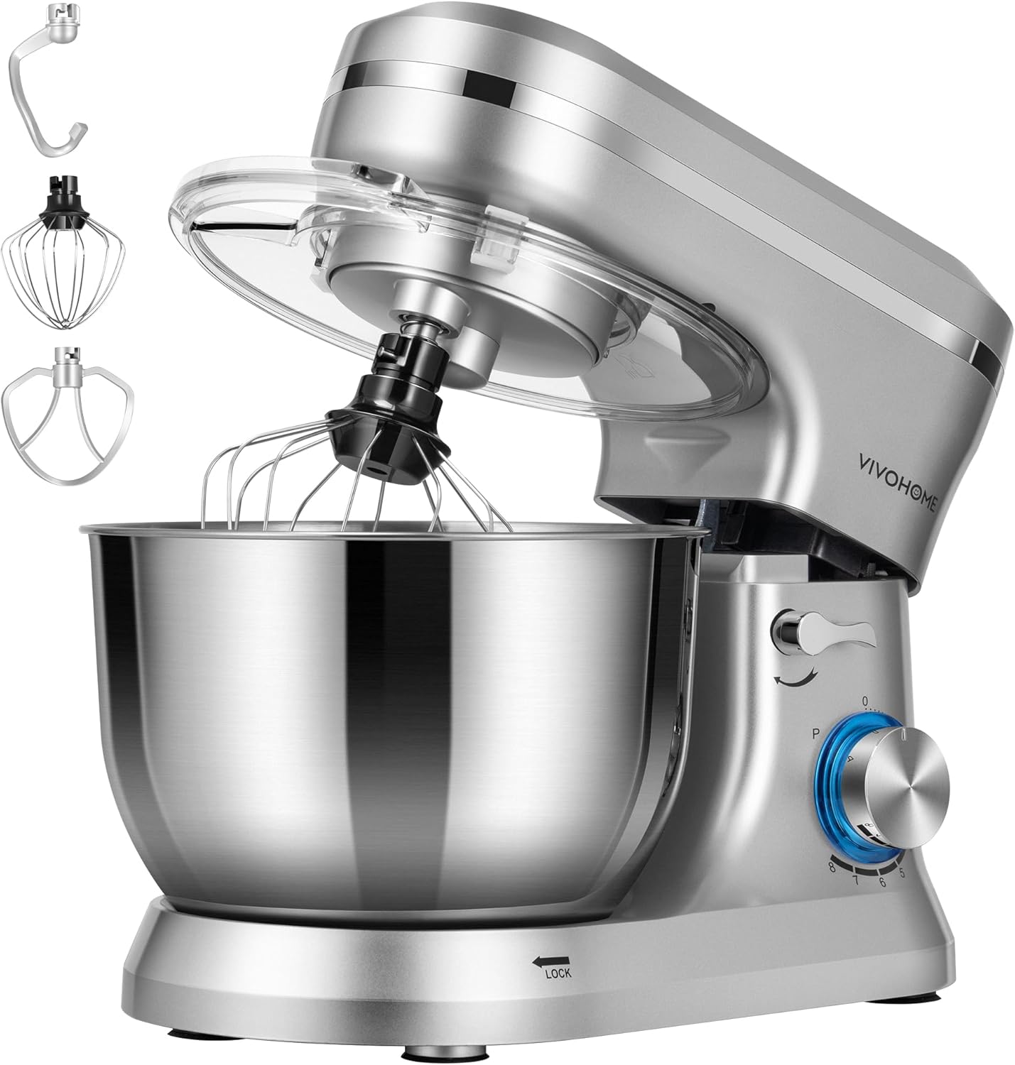 VIVOHOME 4.75 Quart Stand Mixer, 8 Speed Kitchen Electric Food Mixer, Household Stand Mixer for Baking, Cake, Bread with Beater, Dough Hook, Wire Whip and Egg Separator, Silver