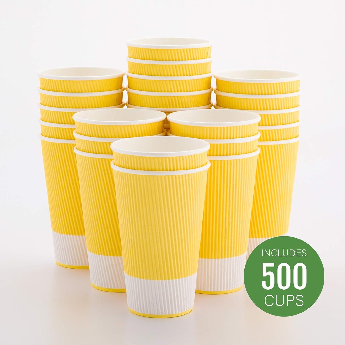 Restaurantware 16 Ounce Double Wall Disposable Coffee Cups, 500 Insulated Light Yellow Paper Tumblers with Ripple Wall Design, Lids Sold Separately for Hot Drinks like Tea, Hot Chocolate and More
