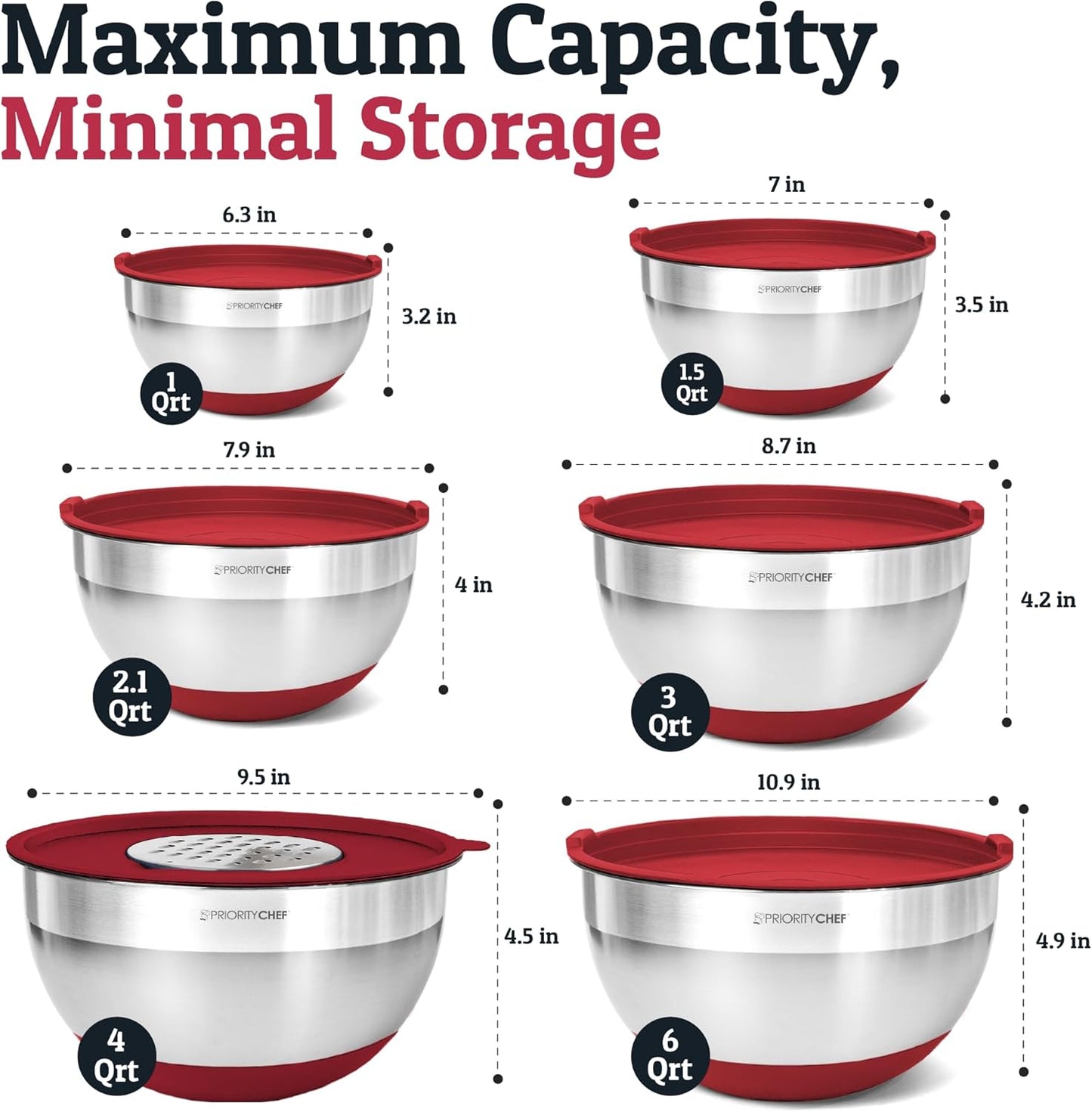 Priority Chef Stainless Steel Mixing Bowls with Lids Set - Premium 30Pcs with 6pc Metal Bowl Set for Kitchen, 3 Graters, Airtight Lids, Non-Slip Bases & Silicone Utensils, Red