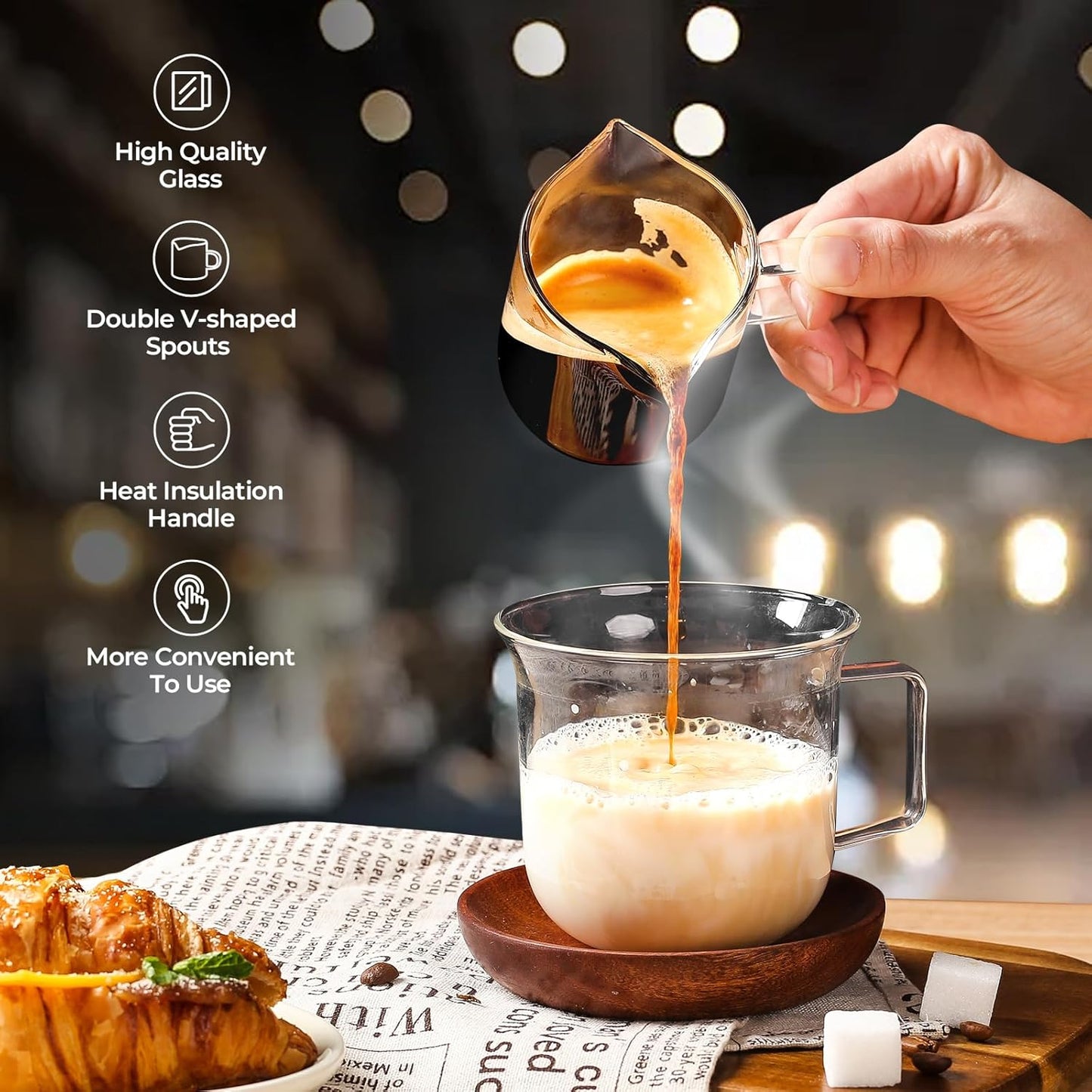 Espresso Cups Set of 2, 4 Oz Espresso Shot Glass with Handle Double Spout Cups Clear Glass Milk Cup Coffee Accessories Great for Making Coffee Desserts Salad Dressing