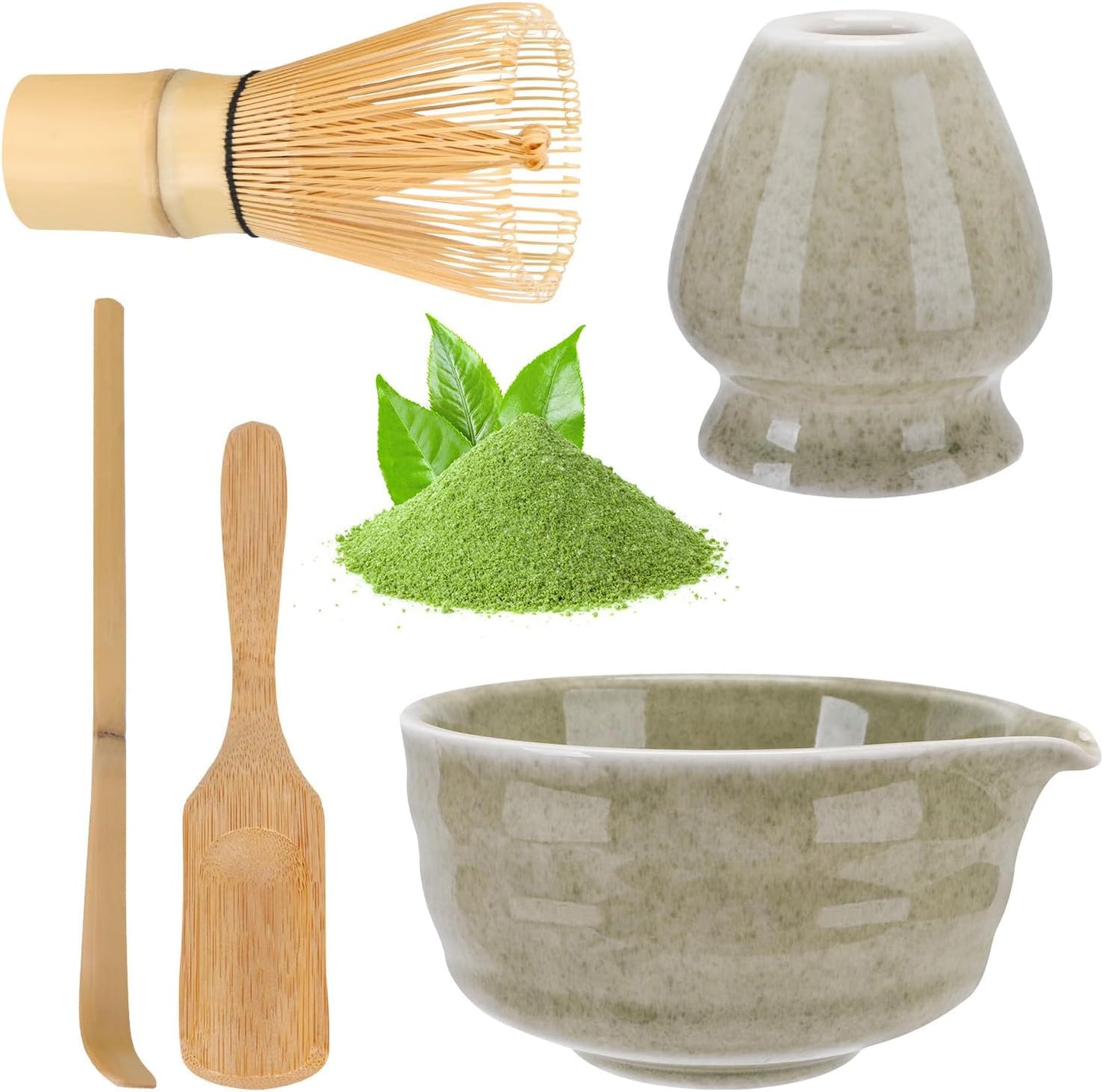 Matcha Whisk Set,5Pcs Japanese Matcha Tea Set - Matcha Bowl with Spout,Matcha Whisk Holder, Bamboo Whisk, 2Pcs Scoop, Matcha Kit Gift for Matcha Lovers Christmas,Matcha Starter Set(Mottled Green)