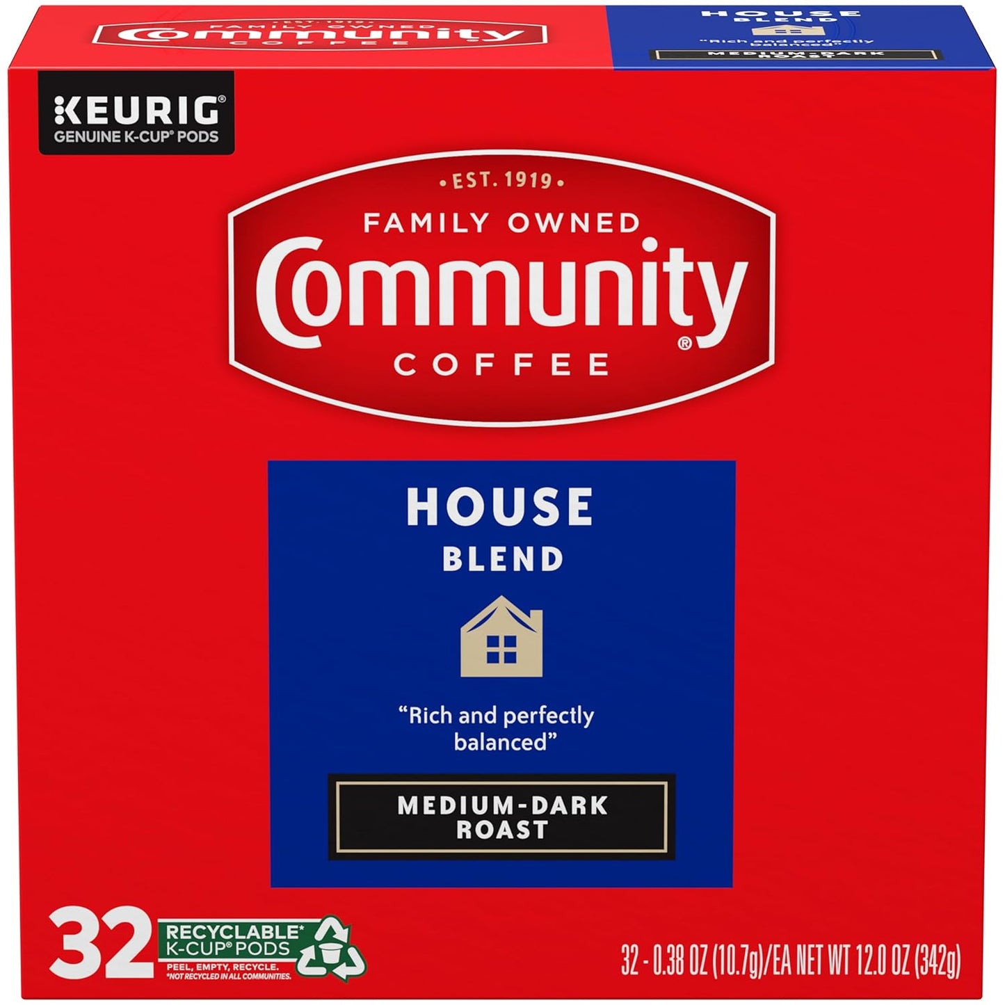 Community Coffee House Blend, Medium-Dark Roast, Single-Serve Keurig K-Cup Pods, 32 Count (Pack of 4)
