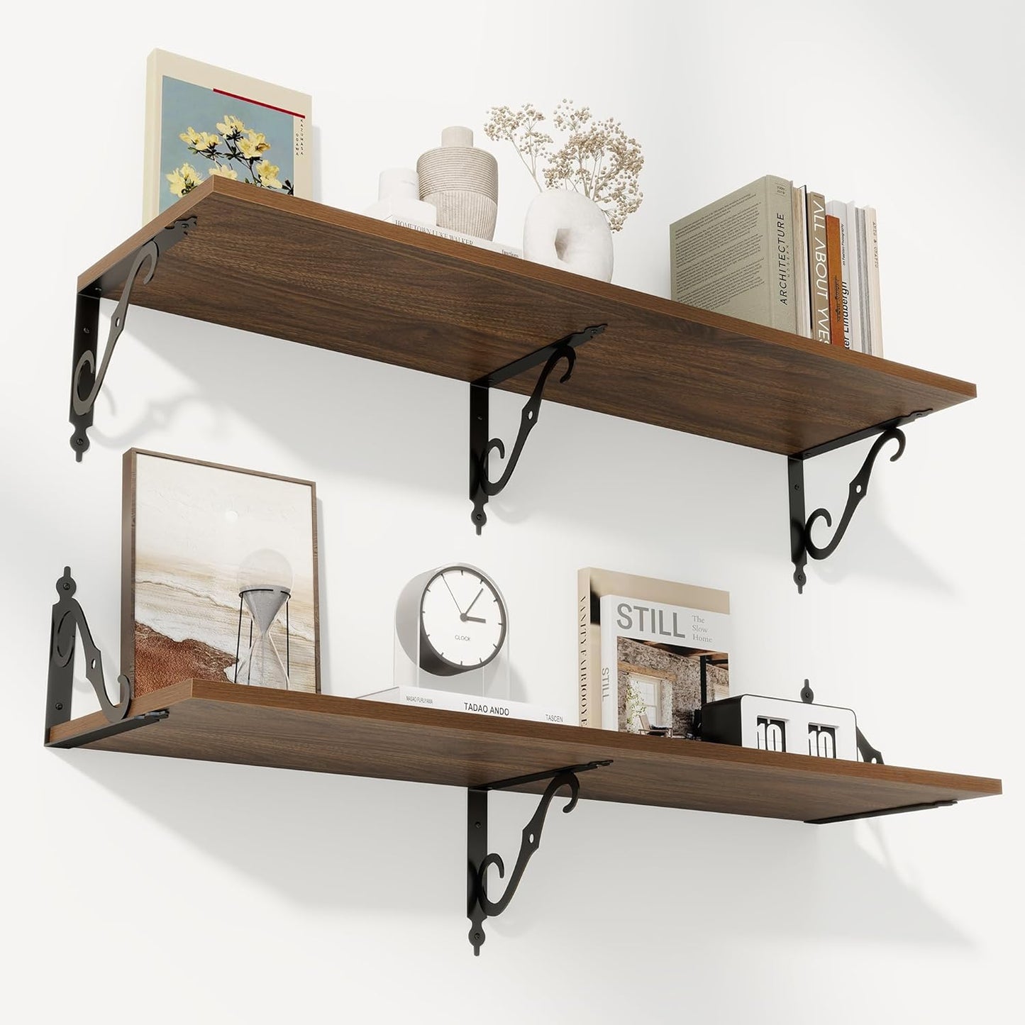 RICHFOCUS 12 Inch Deep Floating Shelves for Wall, 39" W x 12" D Wood Wall Shelves Set of 2, Wide Floating Shelves for Living Room, Bedroom, Kitchen, Bathroom and Decor Storage, Walnut