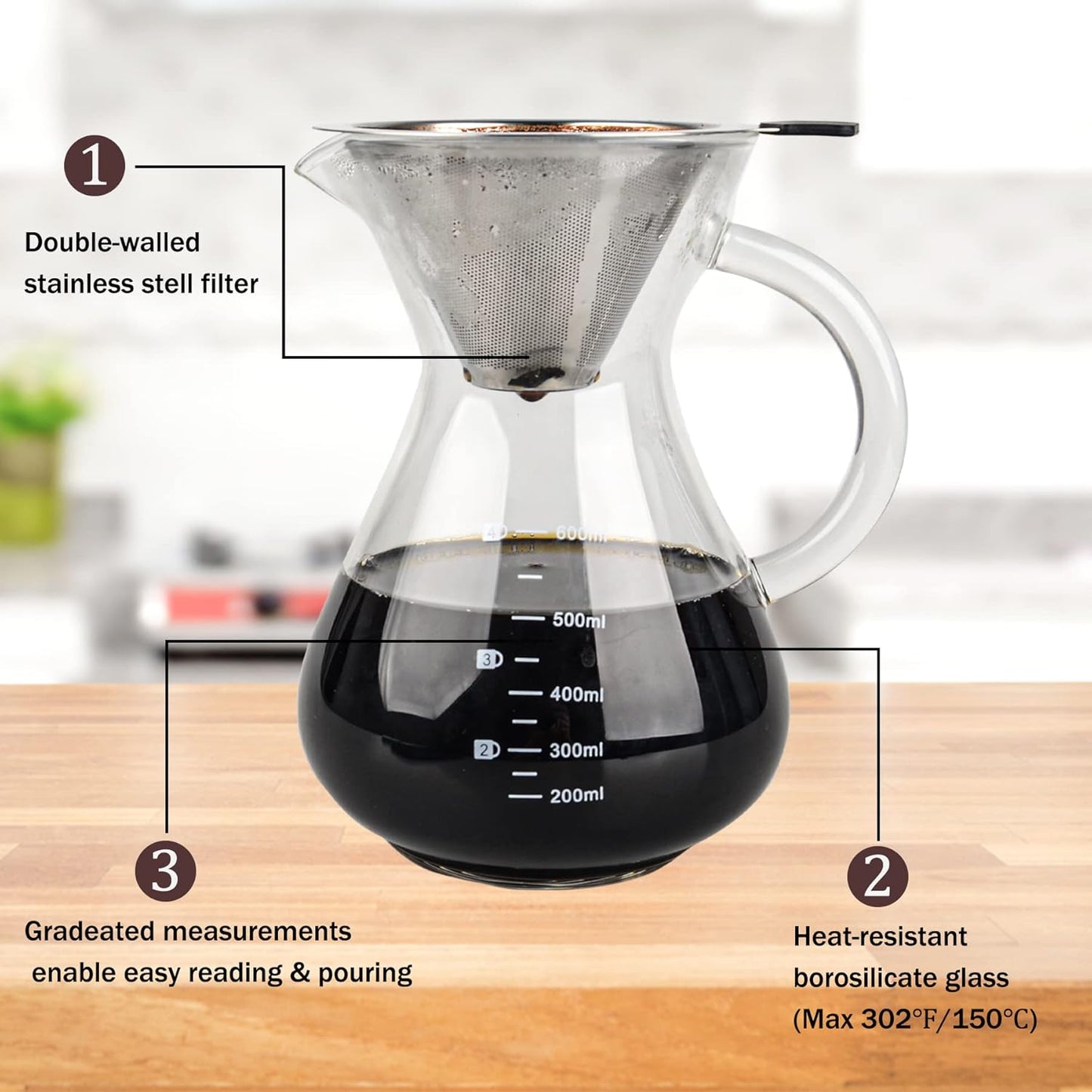 T-mark Pour Over Coffee Maker with Reusable Double-layer Stainless Steel Filter, 600ml/20oz BPA-Free Glass Coffee Carafe, Glass Coffee Maker, Coffee Dripper Brewer