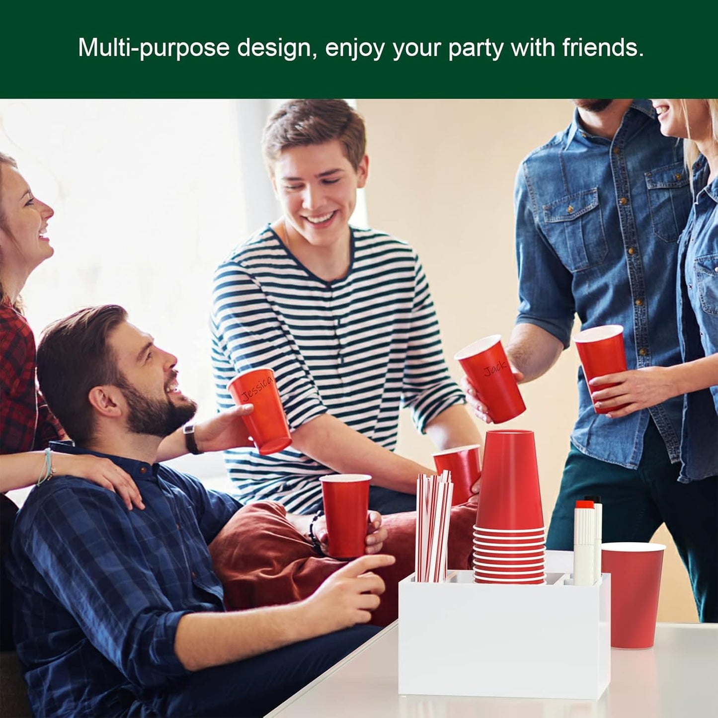 Cup Holder with Marker Slot, Party Cup Dispenser Acrylic Cup Organizer Mark Your Cup and Drink Up Caddy Modern Bar Counter Decor, White