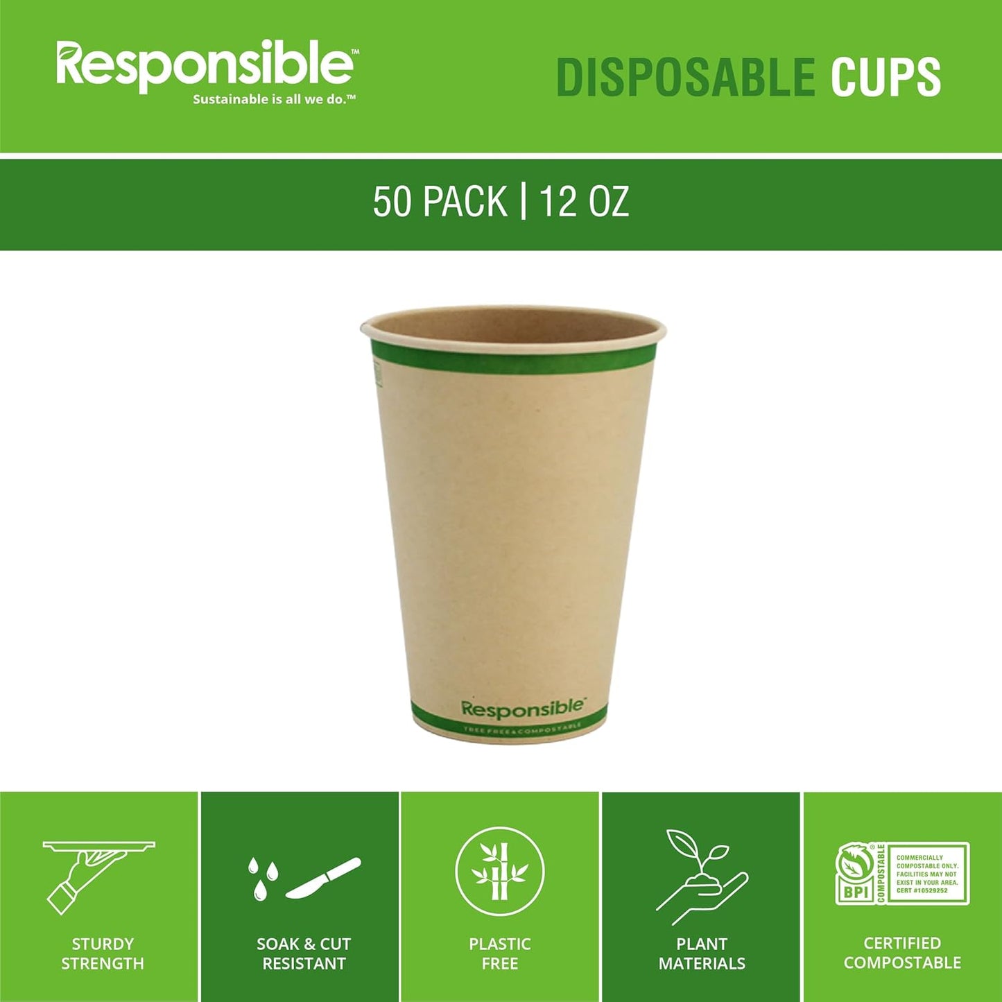 Certified Compostable 12 oz Paper Cups, Cold ＆ Hot Coffee Cups, Disposable Paper Cups, Extra Strength Disposable Cups, Made without PFAS (50 count)