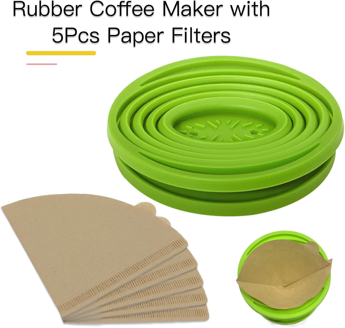 Collapsible Coffee Maker Filter, Reusable Coffee Dripper, Rubber Coffee Maker with 5Pcs Paper Filters, for Home, Camping, Travel, Office
