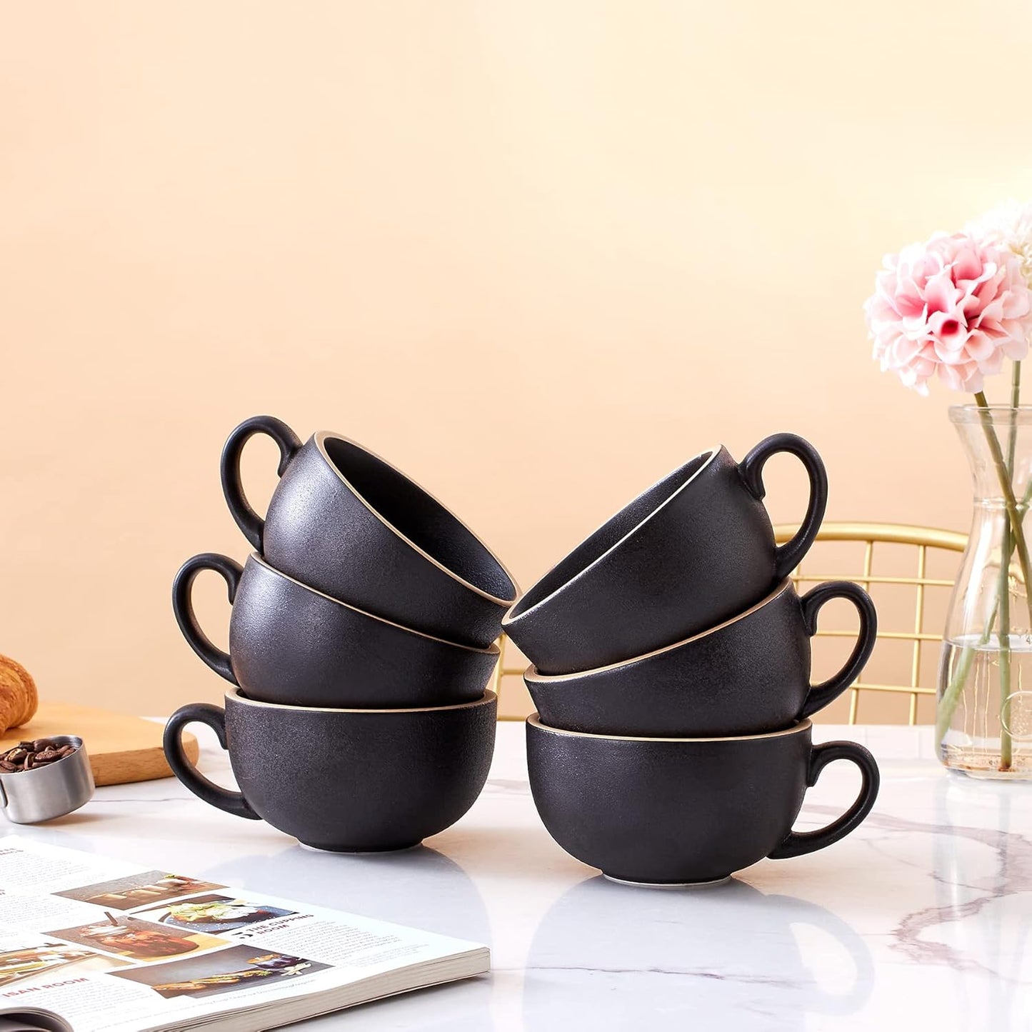 Set of 6 Cups Vintage Design 12 oz Professional Barista Ceramic Latte Art Cappuccino Cups Set (Rough Black * 6)