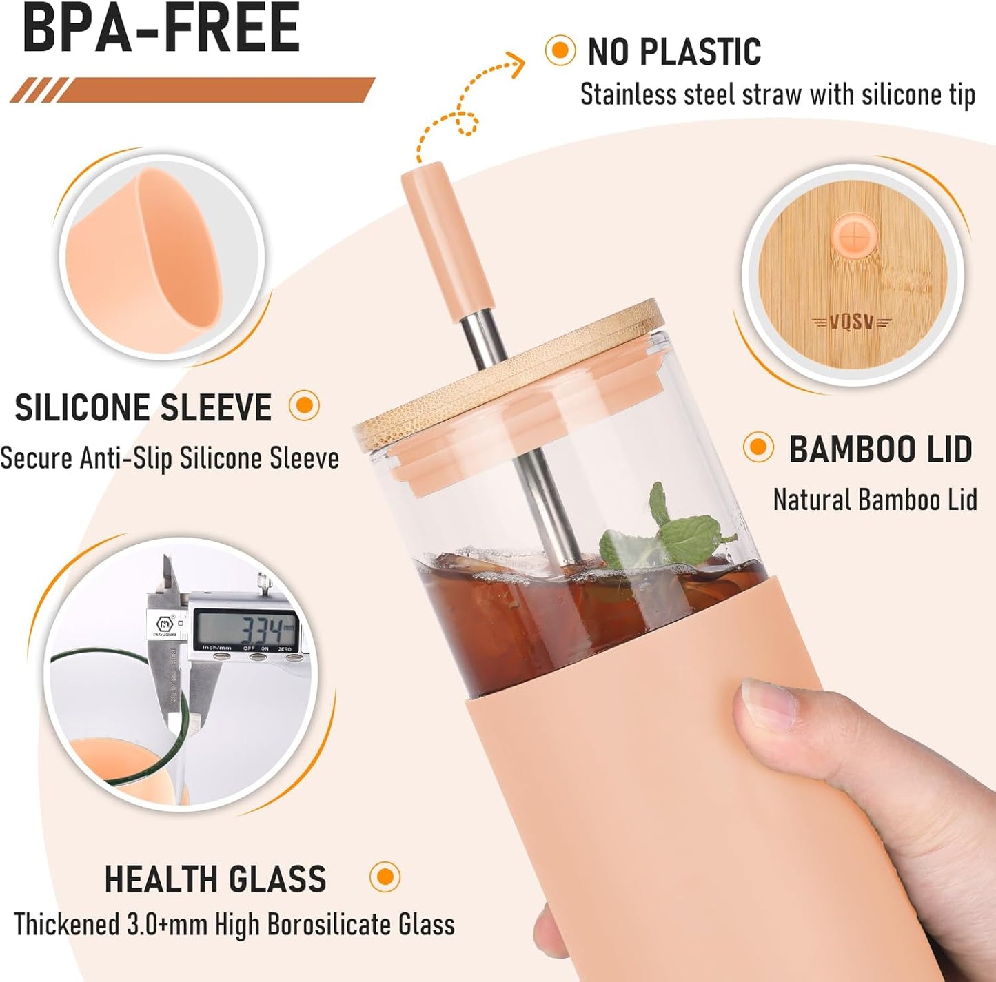 Glass Tumbler w/Lids & Straw:24oz Reusable Mug w/Bamboo Lid,Stainless Steel Straw, BPA-Free, Leak-Proof, Dishwasher Safe for Coffee, Smoothies, Hot Beverages,Travel,Office,Home Use,4-PK,Amber