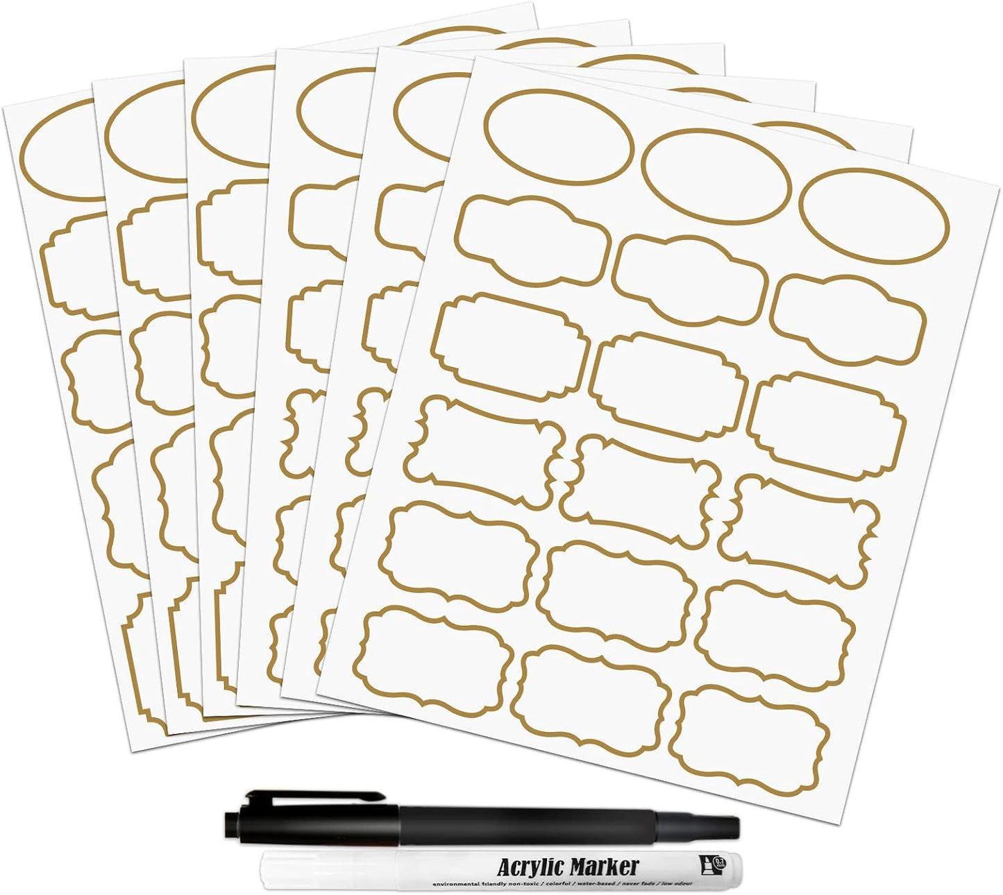 Kitchen Pantry Food Containers Clear Labels with Gold Border, 93 Waterproof Removable Write-on Sticker Labels Tags to Organize Spice Jars Condiment Flour Sugar Canisters Storage Bins, Free 2 Markers