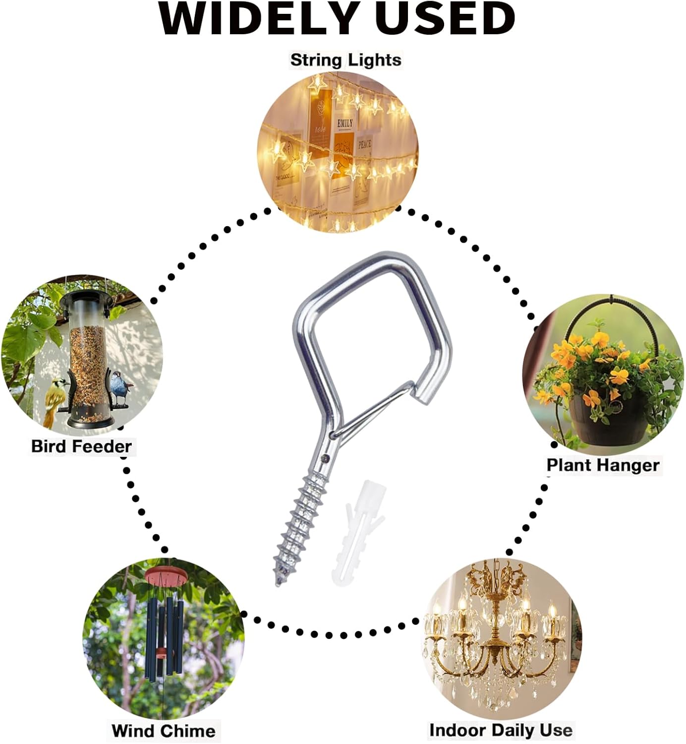 10 PCS Eye Screw Hooks for Hanging Heavy Duty with Safety Buckle.Metal Ceiling Hooks for Hanging Plants,Cup,Wind Chime,Bird Feeders,christmas String Lights at Indoor&Outdoor,2.36 Inch(No Drill Bit)