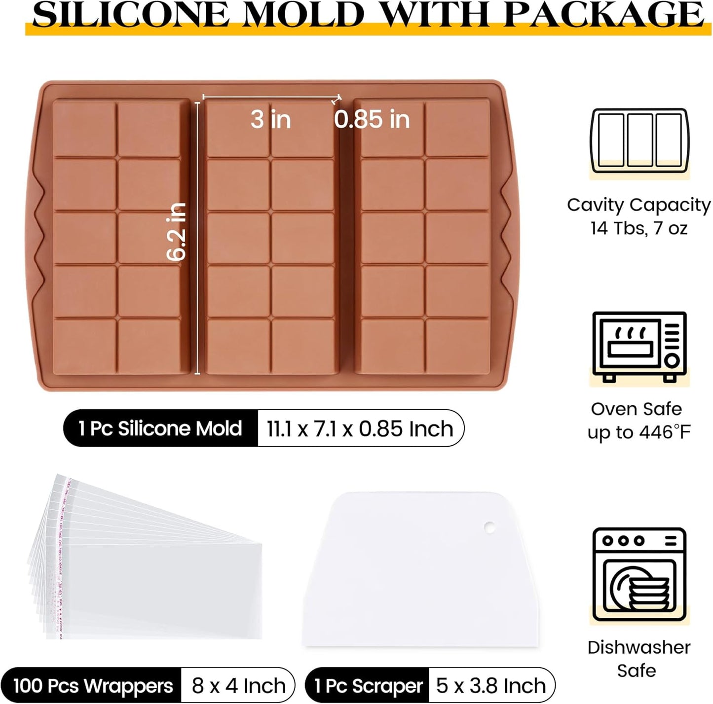 1 Pc Chocolate Bar Mold Deep Large Chocolate Molds Silicone Break Apart Thick Silicone Molds for Candy Bar, With 100 Pcs Bags and 1 Pc Scraper Set (10 Snap）