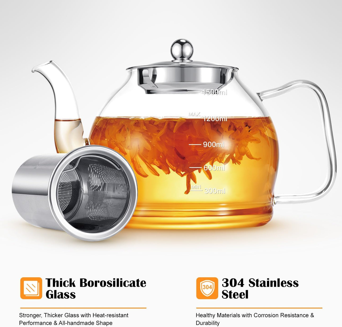 STNTUS Glass Teapot, 52 oz / 1500 ml for Loose Tea, Teapot with Infusers for Loose Tea, Stainless Steel Strainer, Tea Pot for Stove,
