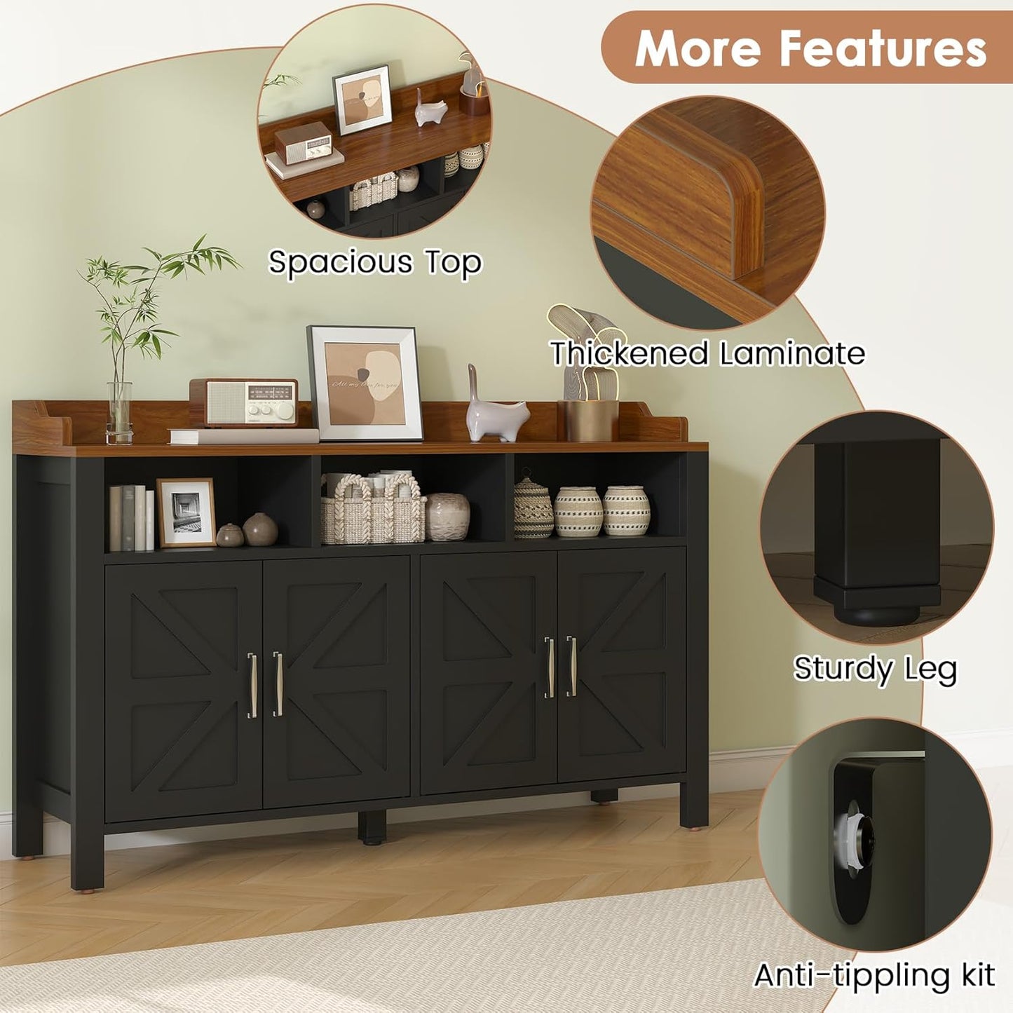 Buffet Cabinet with Storage Farmhouse with 4 Doors and 3 Open Compartments, 55'' Large Kitchen Storage Cabinet Black Wood Coffee Bar Buffet Sideboard for Kitchen, Dining Room, Living Room