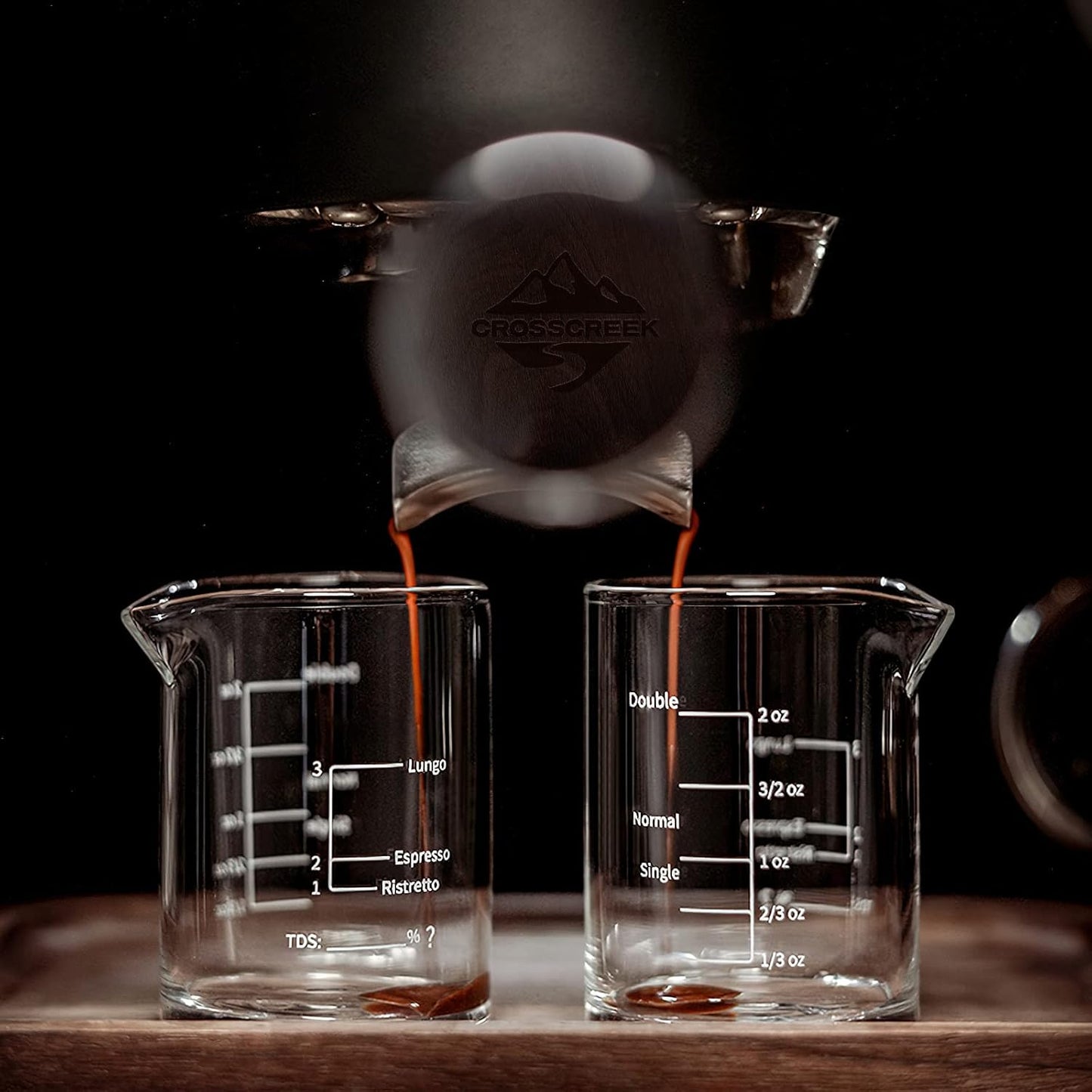 CrossCreek 58mm Espresso Double Spouts Portafilter with 2 Ear | Fits E61 | Flair/Rocket/Sanremo/Expobar etc. | Stainless Steel Basket and Solid Wood Handle | Espresso Accessories