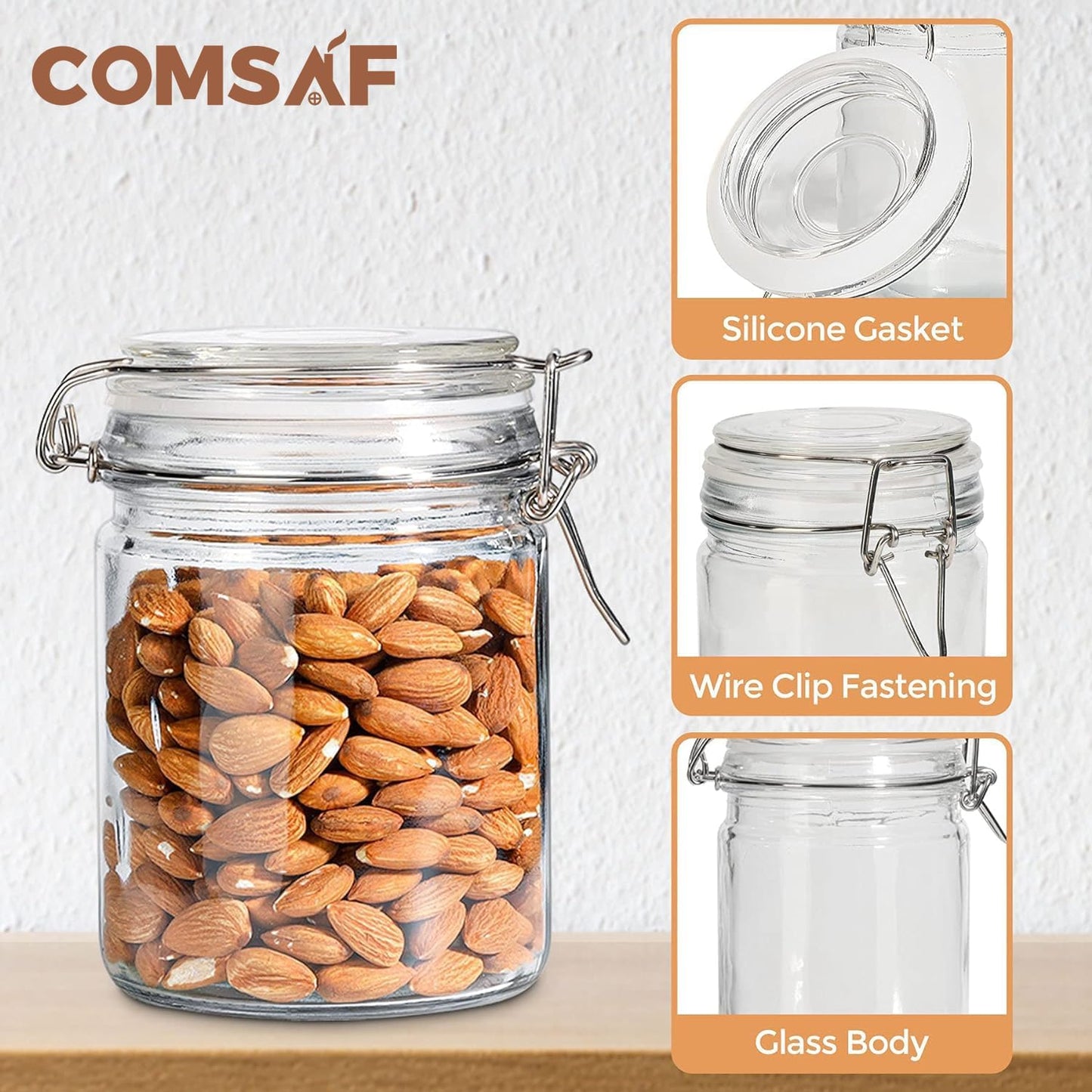 ComSaf Airtight Glass Canister with Lid Set of 6, 25oz Food Storage Jar, Mason Jars, Storage Container with Seal Wire Clamp Fastening for Kitchen Fermenting Preserving Canning Pasta Flour Cereal