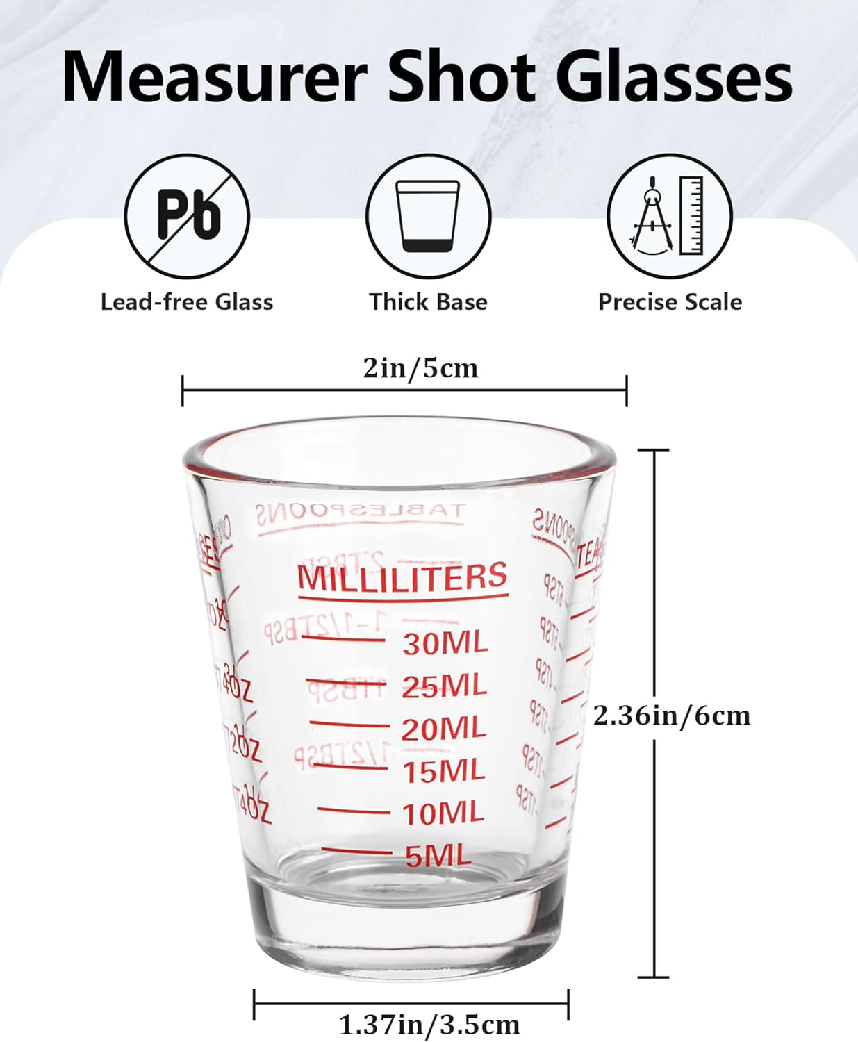 Shot Glasses Measuring Cup Set 2PACK Espresso Shot Glasses Liquid Heavy Glass 26-Incremental Measurement 1 OZ, 2 TBS, 6 TSP, 30 ML Kitchen Tools (Red)