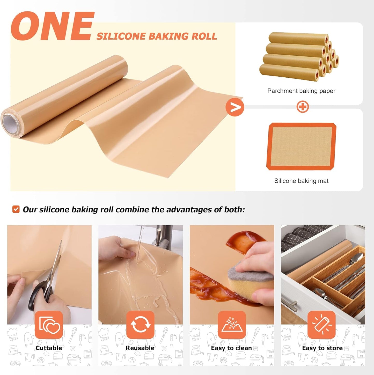 Silicone Baking Mat Roll - Best German Silicone - Non-slip Silicone Pastry Mat, Non-Stick Reusable Air Fryer Linner, Counter Mat, Oven Liner, Freeze Dryer Mat - 12IN x 8FT
