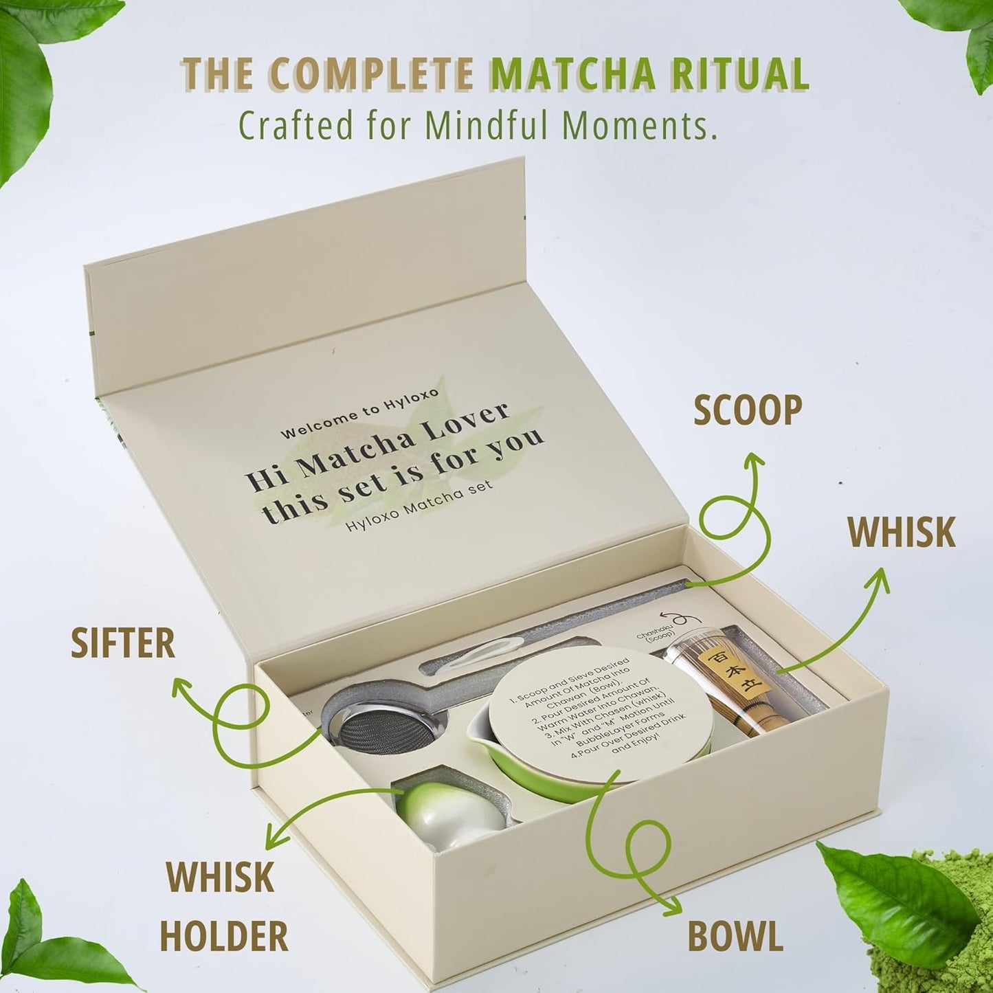 Matcha Whisk Set - 5 Pcs Matcha Kit with Bowl, Japanese Matcha Set, Matcha Bowl with Spout, Matcha Whisk, Chasen Holder, Sifter and Bamboo Scoop, Tea Gift Ceremony Sets for Matcha Lovers