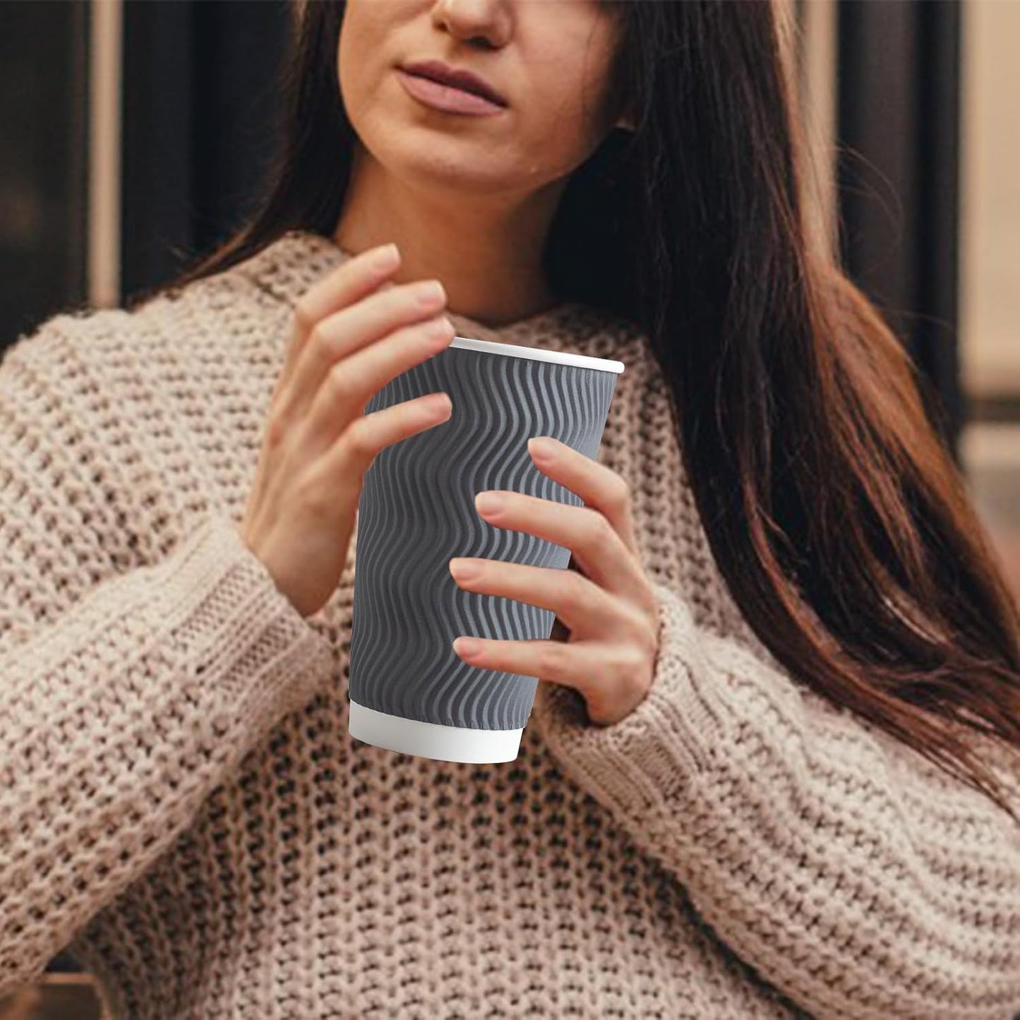 90 Pack 16 oz Disposable Coffee Cups No Lids, Gray Insulated Ripple Wall Paper Coffee Cups 16oz, Corrugated Beverage Paper Cups, To Go Cups for Hot Chocolate Tea Home Travel Office