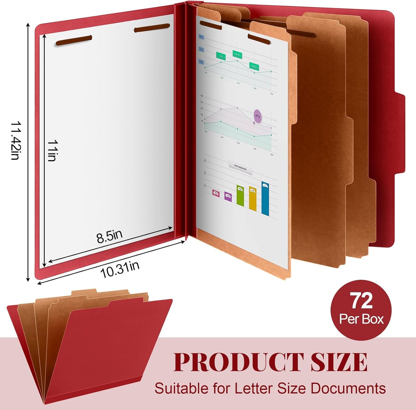 72 Pcs Classification Folders Letter Size, Back to School Supply for Teacher, Student, 3 Dividers Pressboard File Folder Bulk with 2 Fasteners, 3.5 Inch Expanding File Organizer (Red)