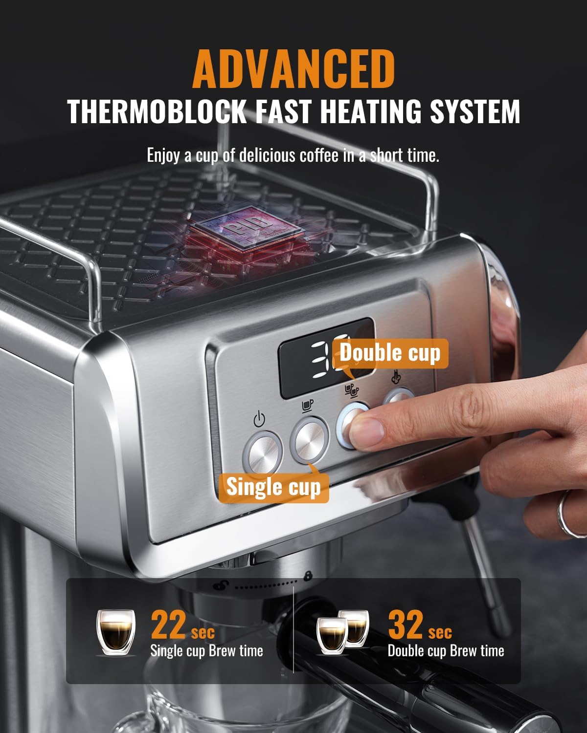 SHARDOR Espresso Machine 20 Bar with Milk Frother Steam Wand, Professional Latte & Cappuccino Maker for Home, 60 Oz Water Tank, Temperature Display, Stainless Steel, 1350W