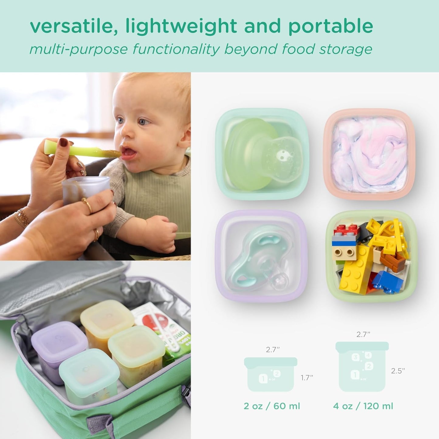 Olababy Clear Sense Silicone Storage Containers 4pk for Baby Food, Snacks, Formula, Puree, Sauce & More | Micro Plastic & BPA-Free | Daycare Essentials for Toddlers and Kids (Kiwi, 2 oz / 60 ml)