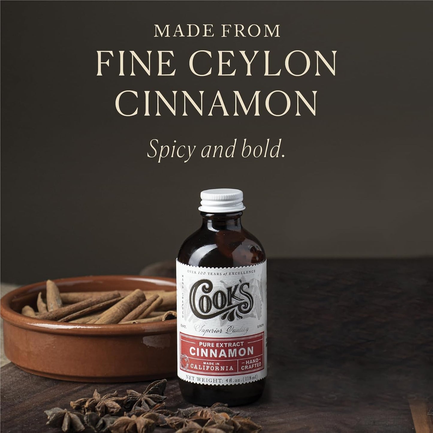 Cook's Pure Cinnamon Extract Made From Fine Ceylon Cinnamon, Premium All Natural Cinnamon Extract for Baking, Cooking, Beverages and Candies, 4 oz
