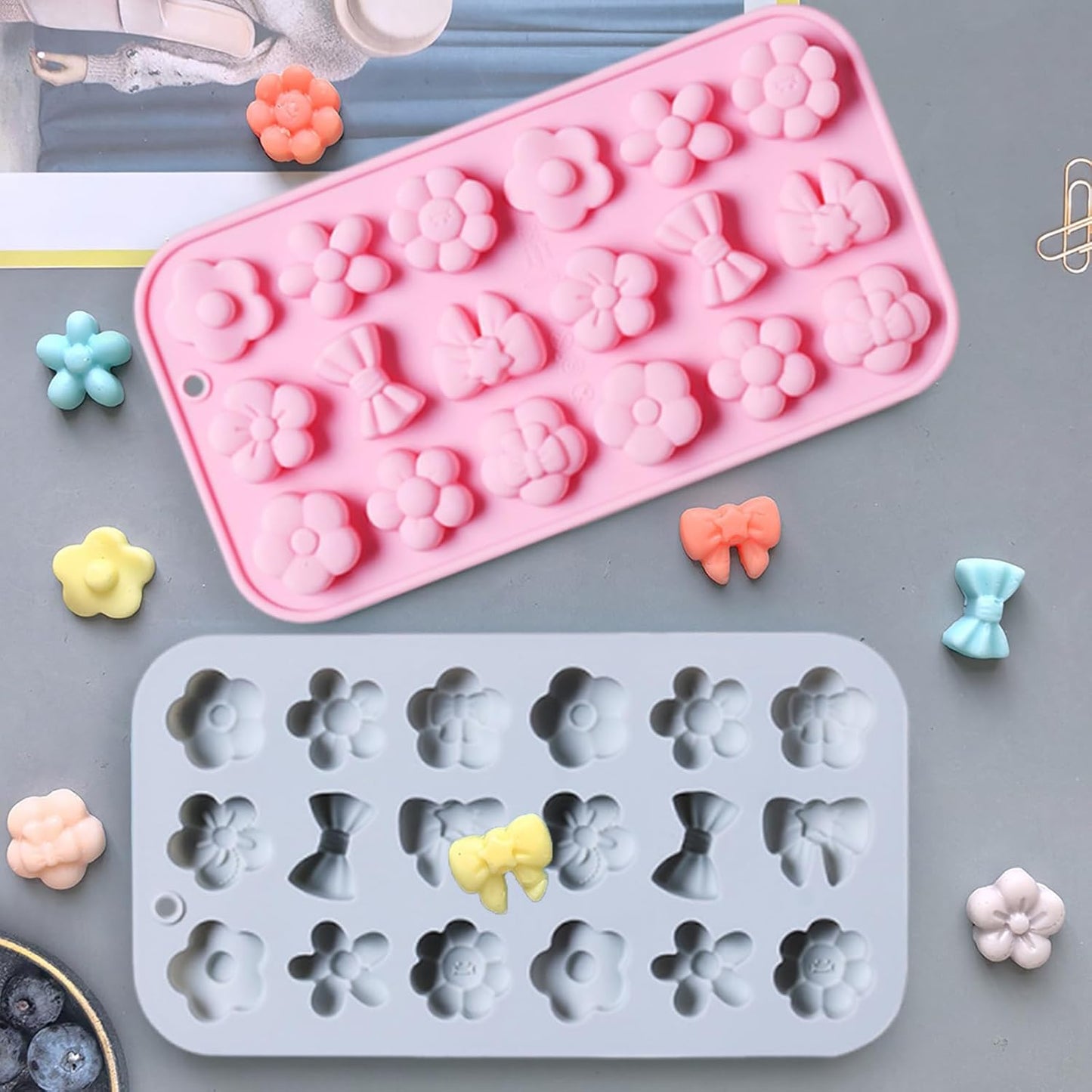 2 Pcs Flowers Silicone Chocolate Molds, 18-Cavity Different Flowers Bow Shape Molds Trays for Candy Chocolate Gummies Baking Jello Ice Cube Pudding Soap Cookie Desserts Making
