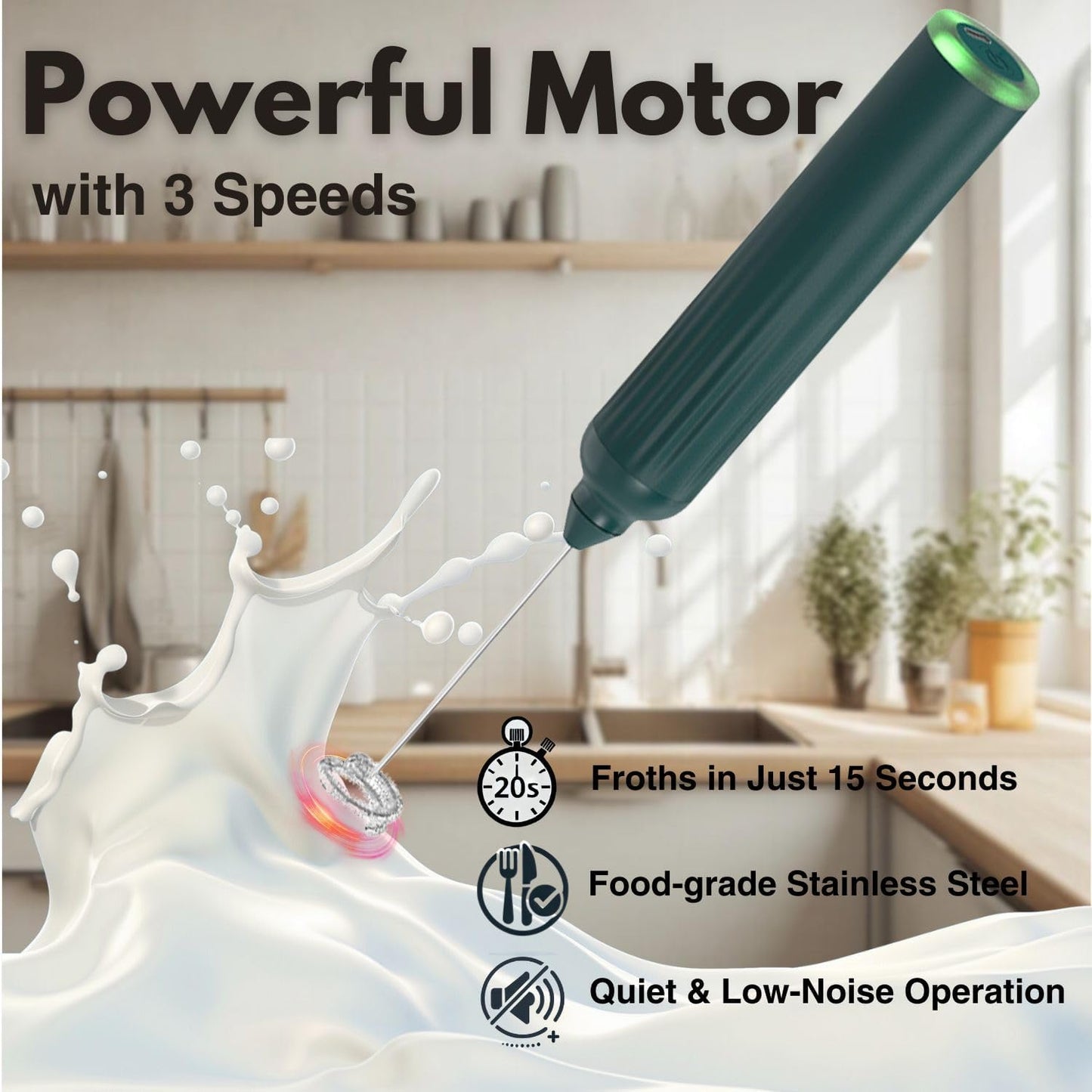 Milk Frother Handheld with 3 Stainless Steel Whisks, Rechargeable Electric Drink Mixer with Stand & Travel Case, Milk Foamer for Coffee, Latte, Cappuccino, Hot Chocolate, Egg,Jam Supplement-Green