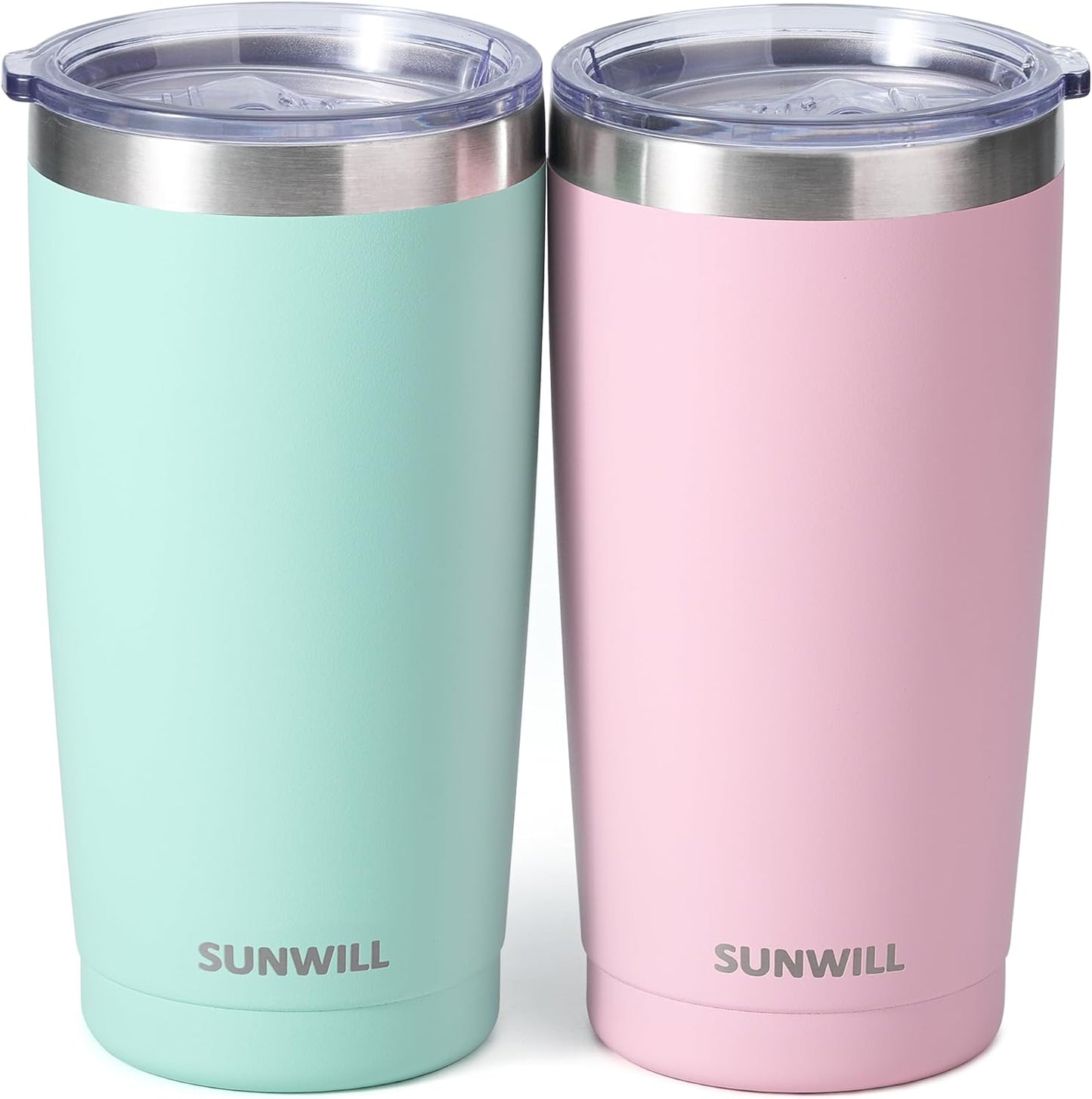 SUNWILL Travel Coffee Mug with Lid, 20 oz Tumbler Set of 2, Insulated Stainless Steel Cup for Water, Tea, Powder Coated Sakura & Mint