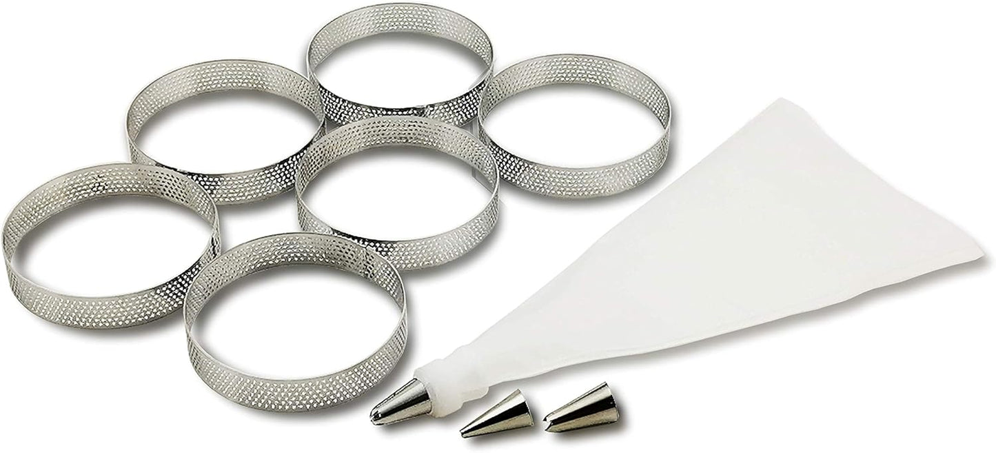 NewlineNY Stainless Steel French Pastry Tart Ring Baking Kit - 6 Perforated Round Dessert Rings + 3 Nozzles + 1 Sample Decorating Piping bag Kit
