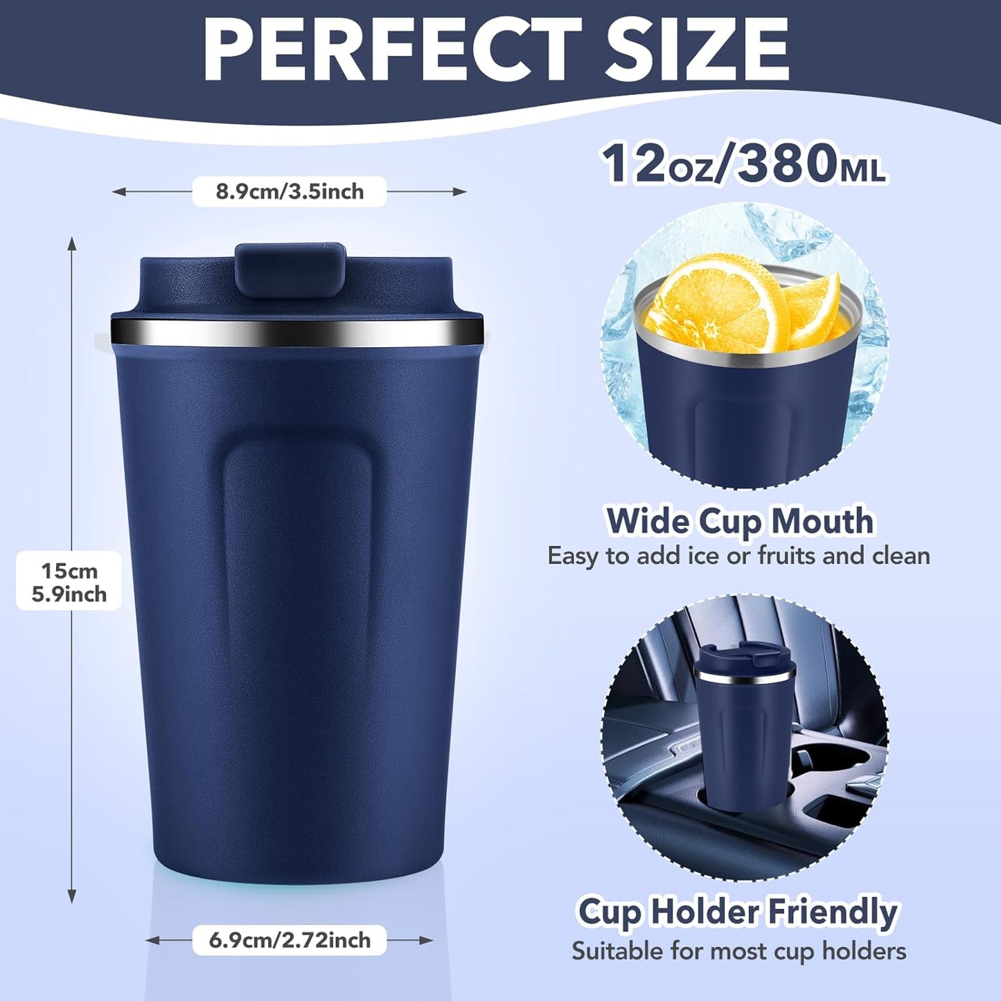 Volhoply 12 oz Double Wall Insulated Vacuum Travel Coffee Mug with Flip Lid Bulk 8 Pack,Reusable Stainless Steel Leak Proof Coffee Cup,Portable Cafe Thermal Tumblers for Hot & Cold Drinks(Navy,8 Set)