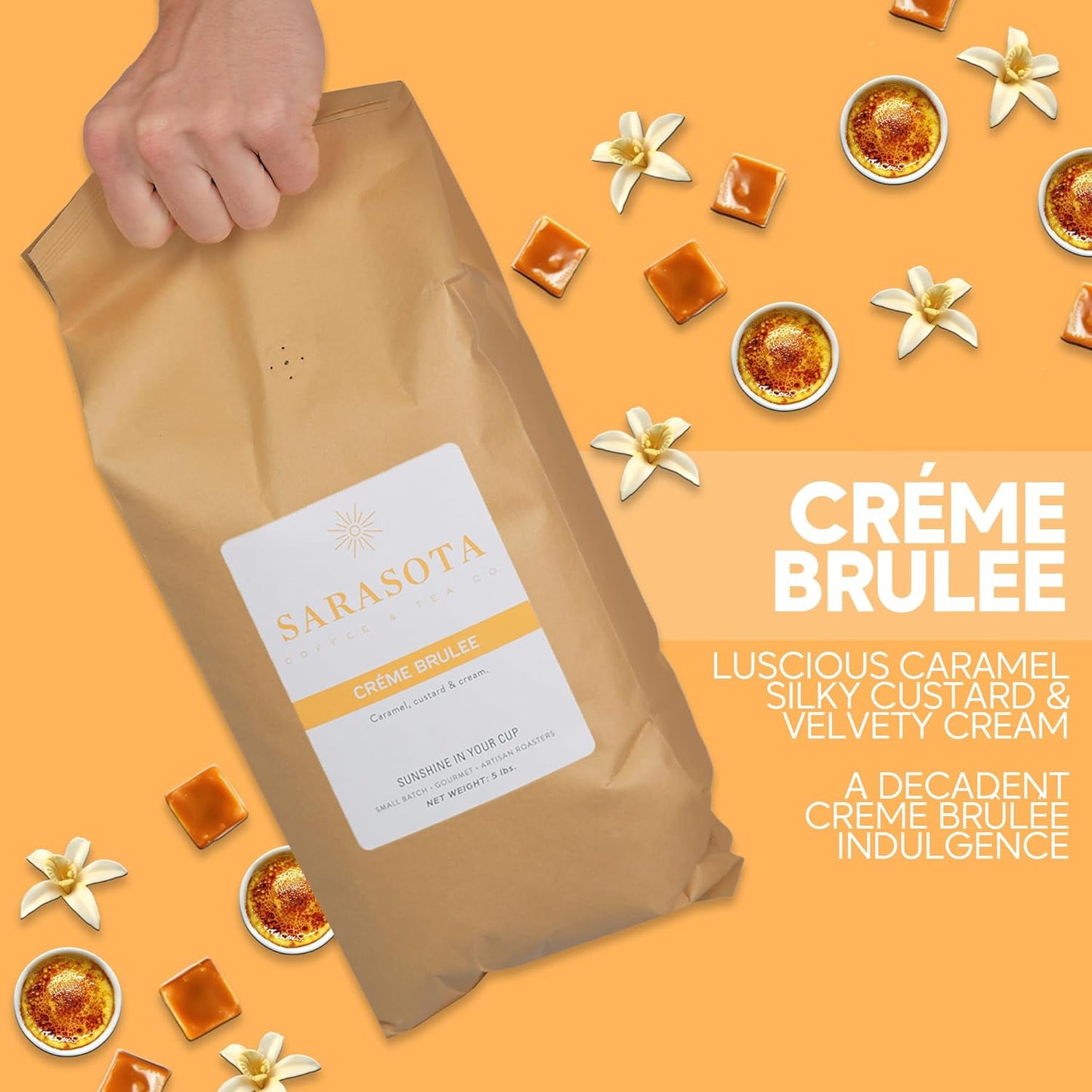 Sarasota Coffee Whole Bean Creme Brulee | Medium Roast Gourmet Flavored Coffee Beans | Low Acid, Mold Free, Specialty Grade Bulk Beans | 5lb (80 oz)