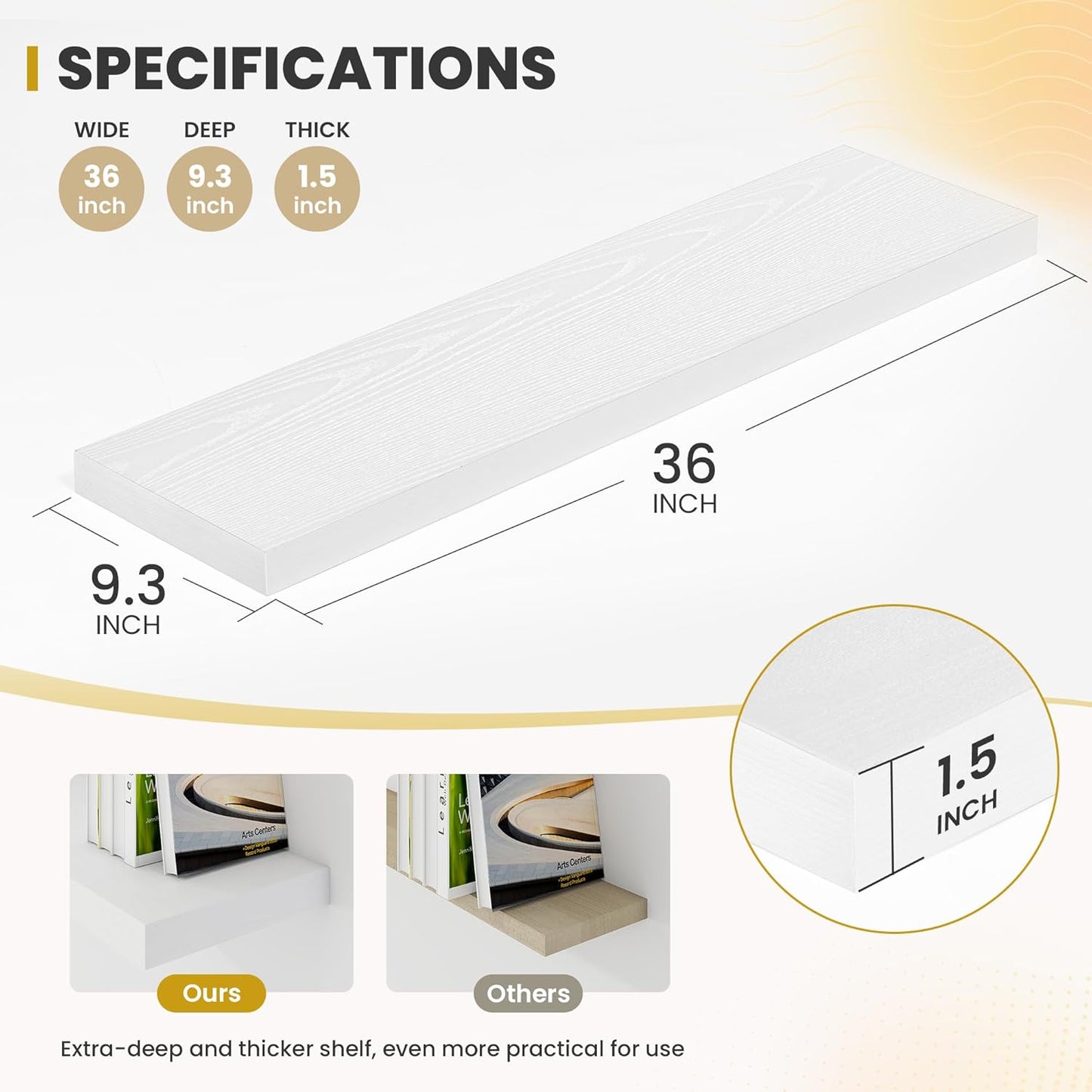 36 Inch Floating Shelves, 9.3" Deep Floating Shelf Wall Mounted, 36" Wall Shelves, Rustic Deep Bookshelf, Large Display Shelves & Storage Shelves for Bedroom, Living Room, White, Set of 2