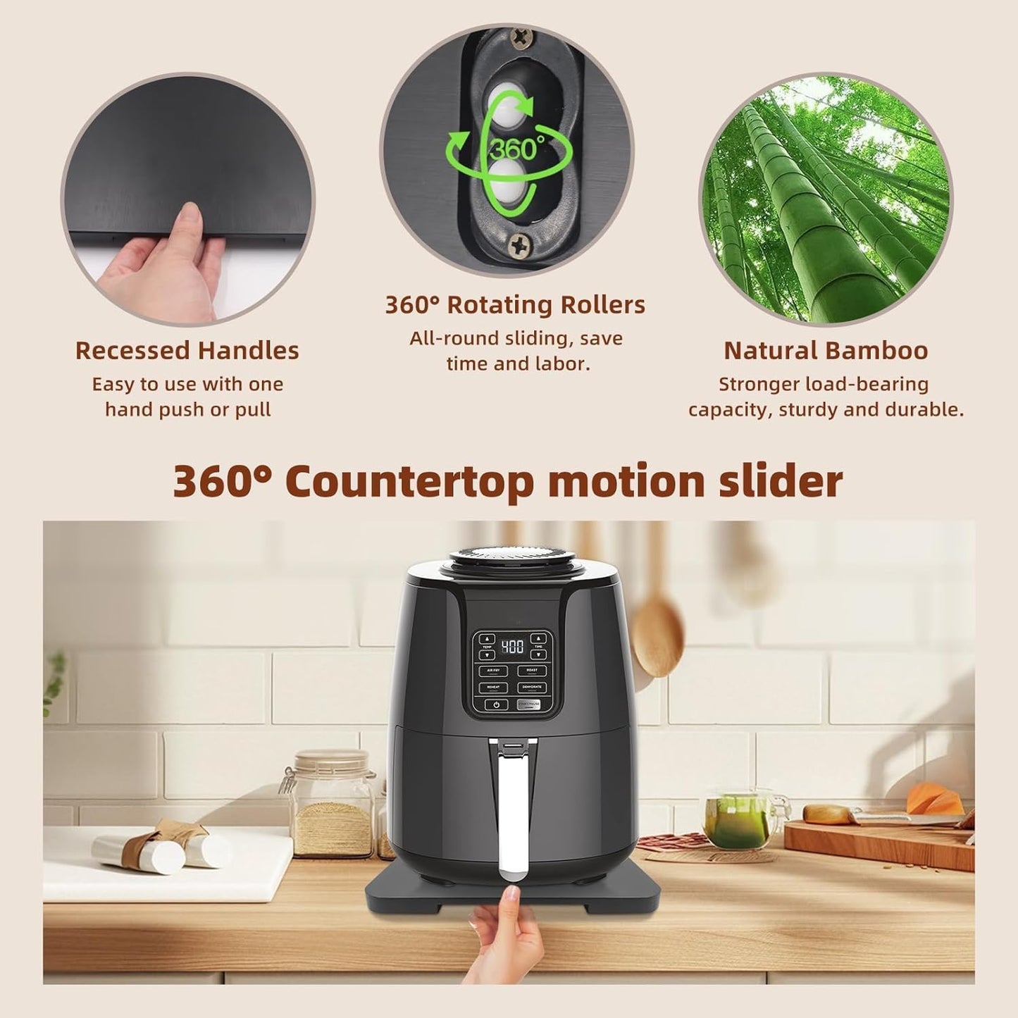 360° Rolling Tray Bamboo Appliance Slider, Appliance Sliders for Kitchen Appliances Sliding Tray for Coffee Maker Appliances Mat Easily from Under The Cabinet Black(13.9"×9.4")